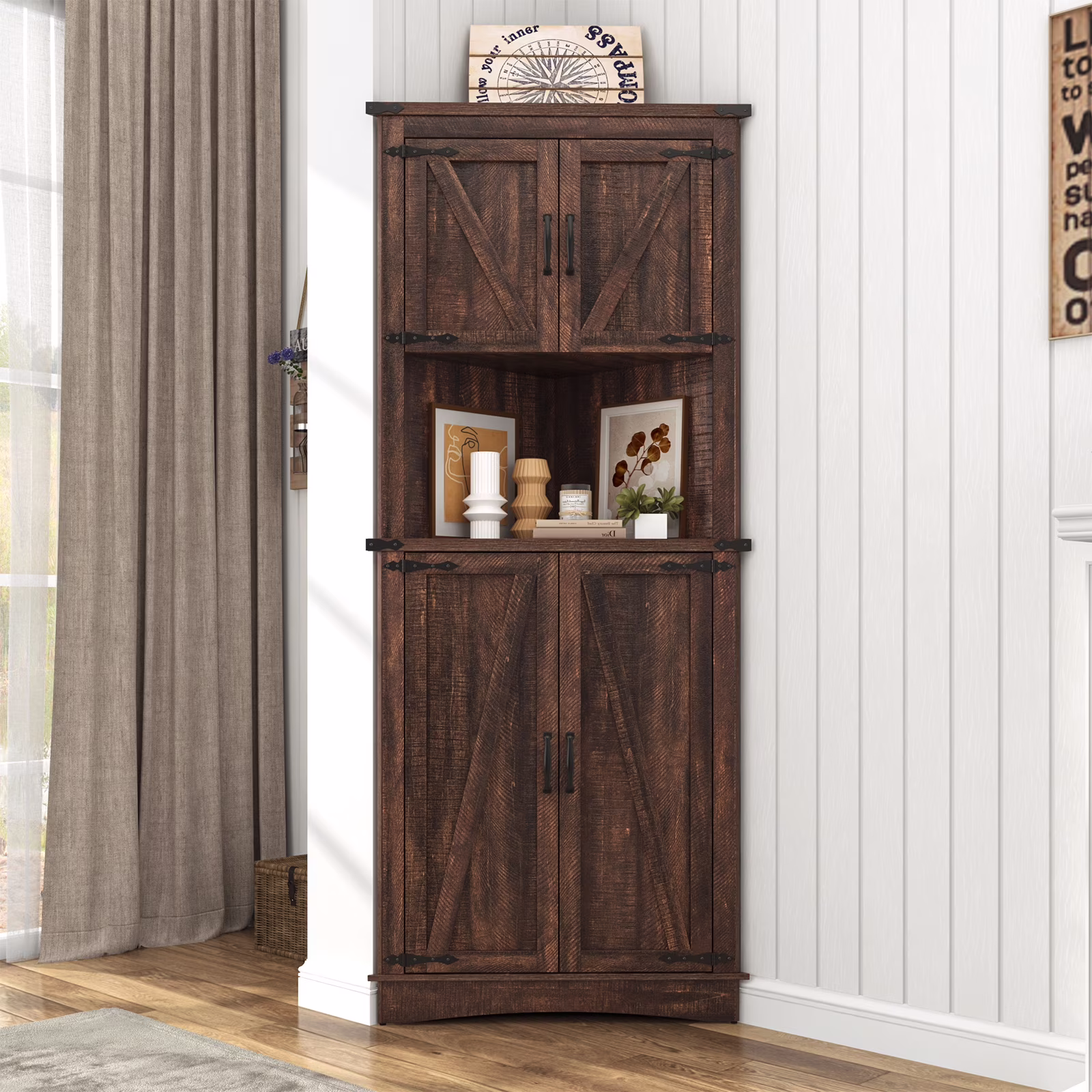Blotout 68" Tall Farmhouse Corner Cabinet with 4 Doors, 28.3" W Barn Door Storage Cabinet with Adjustable Shelves, 5 Tier Corner Storage Cabinet for Bathroom,Living Room,Kitchen - Image 5