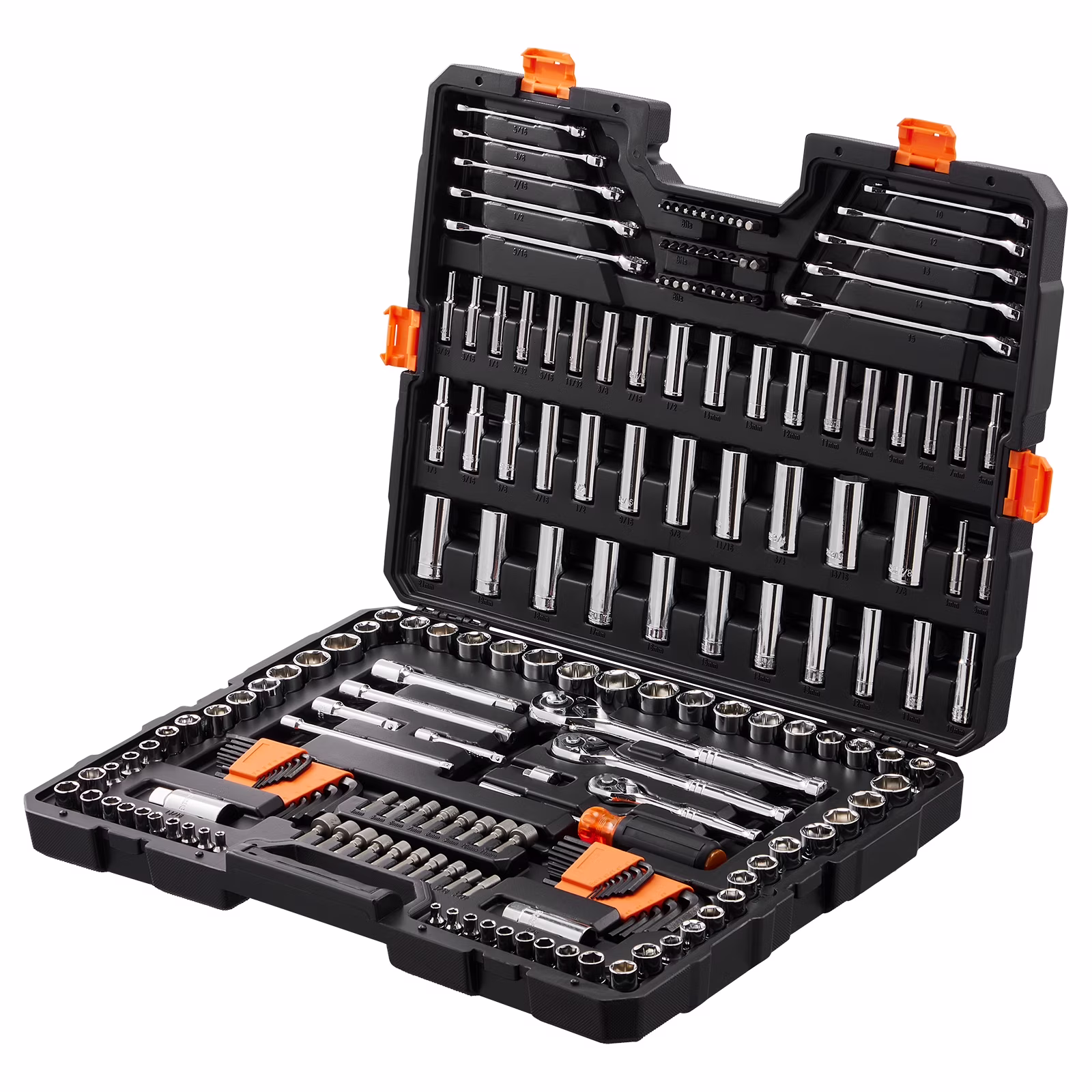 KFFKFF Mechanics Tool Set and Socket Set, 1/4" and 3/8" Drive Deep & Standard Sockets, 205 Piece SAE and Metric Mechanic Tool Kit with Bits, Combination Wrench, Hex Wrenches, Accessories