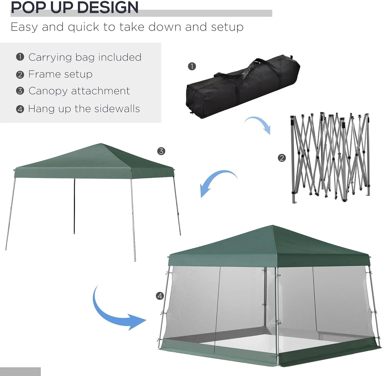 Slant Leg Pop Up Canopy Tent with Netting and Carry Bag, Instant Sun Shelter, Tents for Parties, Height Adjustable, for Outdoor, Garden, Patio, (11.5'x11.5' Base / 10'x10' Top), Green - Image 4
