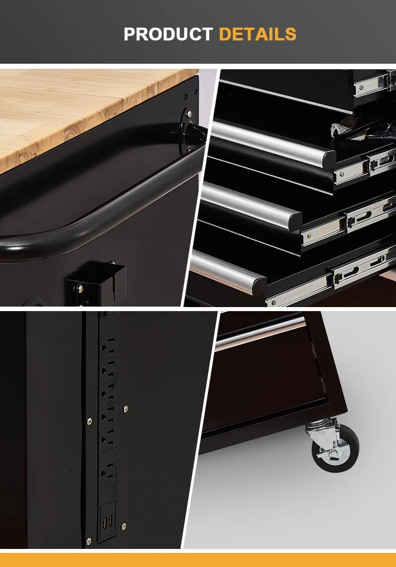 Rolling Tool Chest Extra-Deep 46In 9-Drawers, Mobile Tool Storage Cabinet/Work Bench with Wooden Top/Power Strip, Equipped with Casters, Handle, Liner, and Locking System, 1200 lbs Capacity - Image 7
