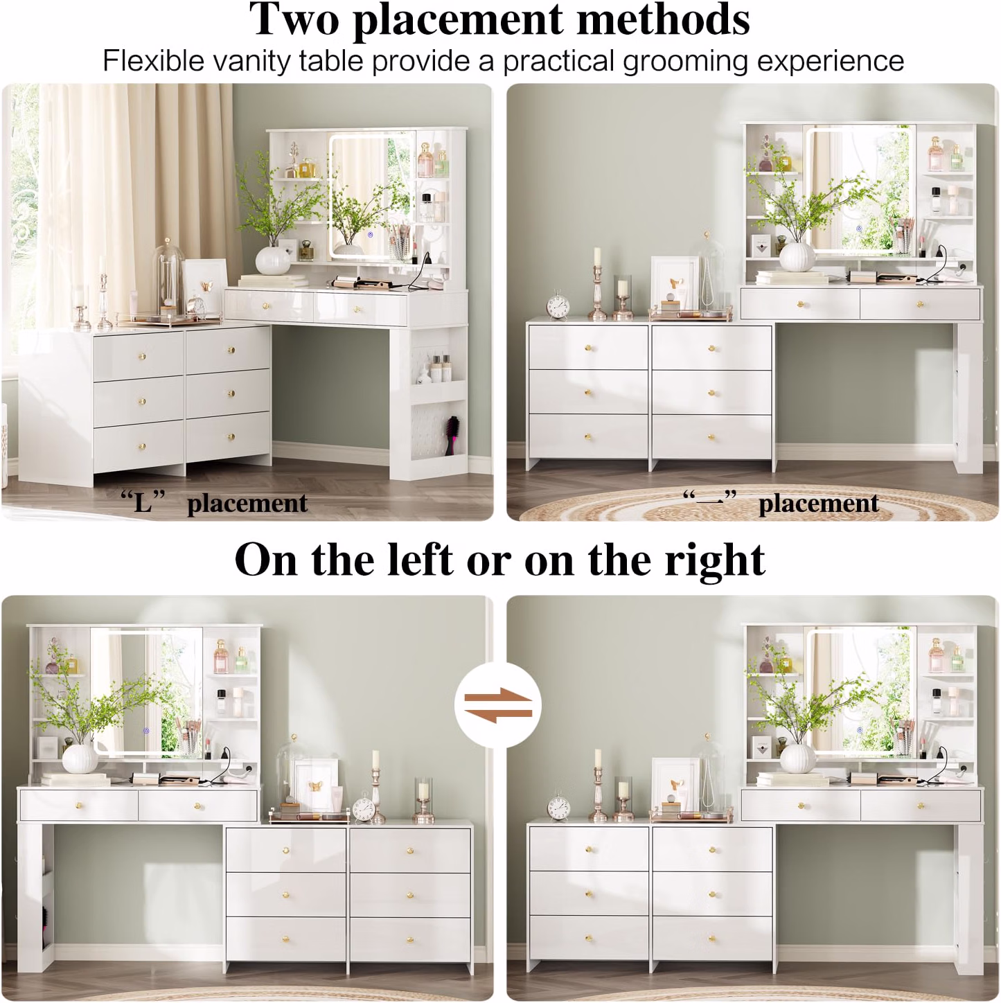 Makeup Vanity Desk with Mirror and Lights, Vanity Desk with 8 Drawers & Storage Shelves, Vanity Table with Power Outlet, 3 Color Modes & Adjustable Brightness Dressing Table, Bedroom, White - Image 7