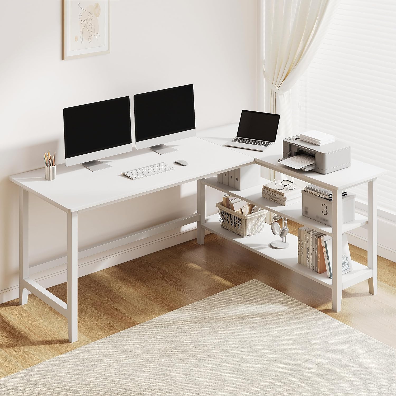 45" Reversible L-Shaped Office Desk with Storage Shelves, Walnut - Image 5