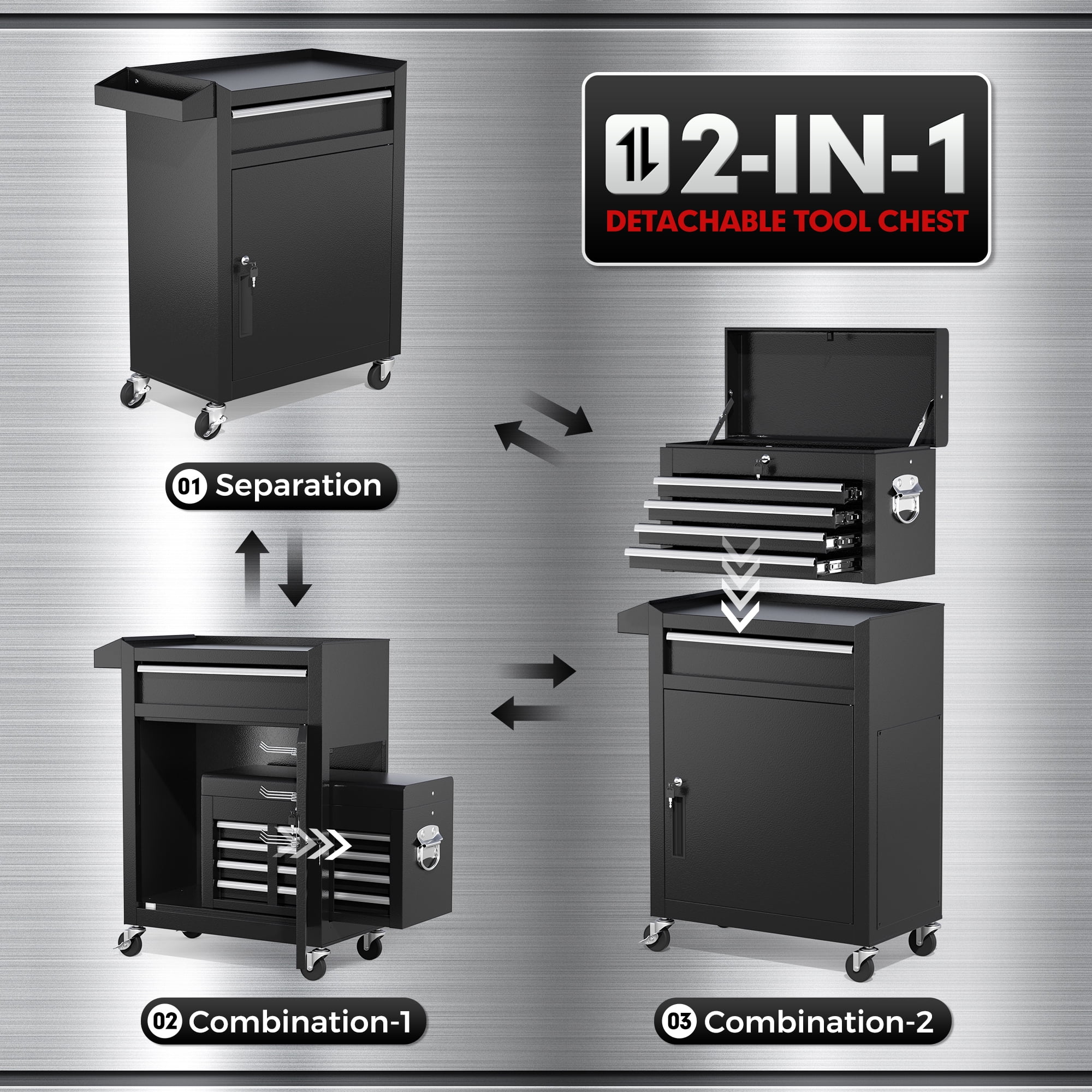 SUNCROWN 2-IN-1 Tool Chest, 8-Drawer Rolling Tool Chest with Hooks and Lockable Wheels,Metal Storage Detachable Top Tool Box with Lockable Wheels for Garage, Workshop, Art Studio(Black) - Image 34