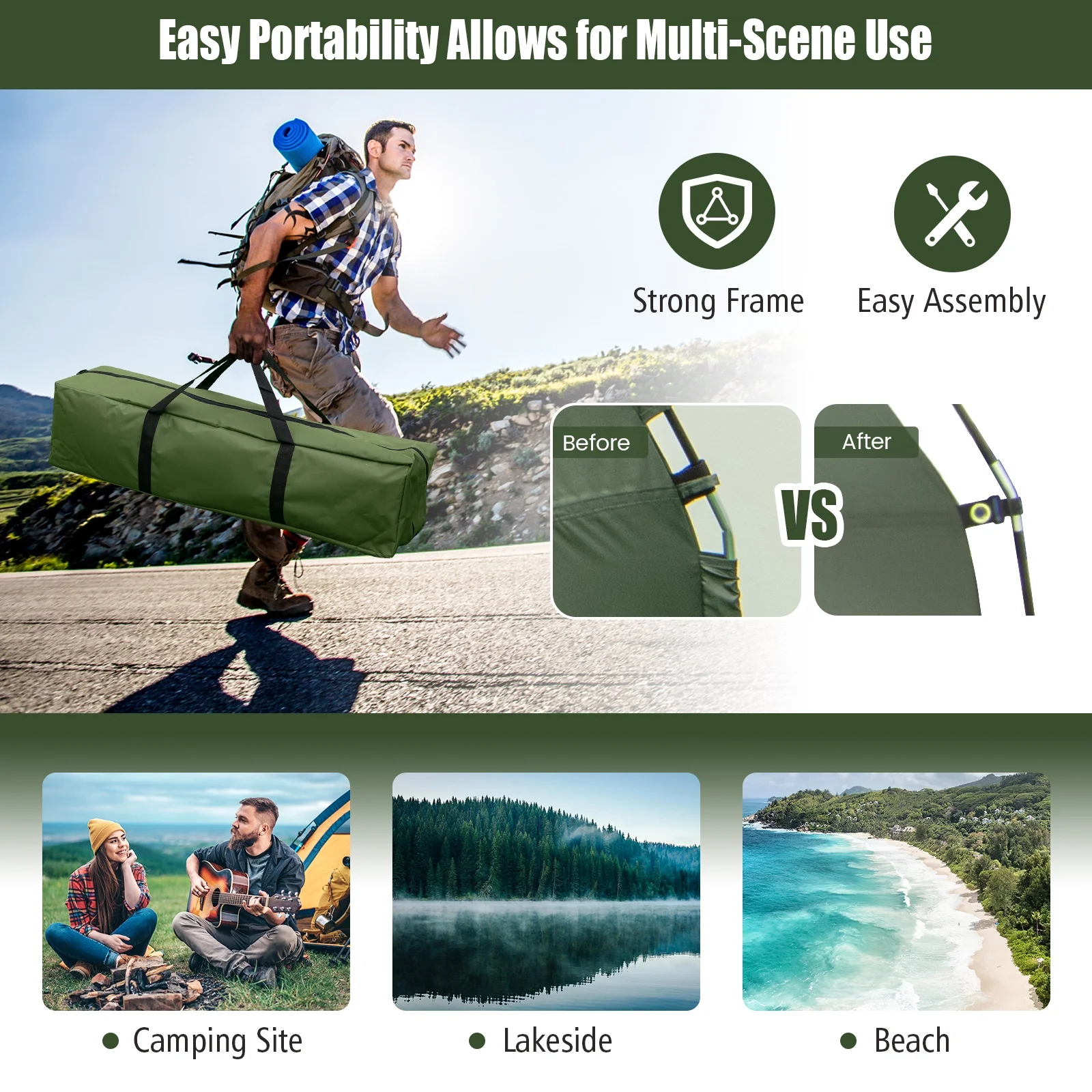Patiojoy 1-Person Folding Camping Tent Cot Portable Pop-Up Tent w/Sleeping Bag & Air Mattress for Outdoor - Image 8