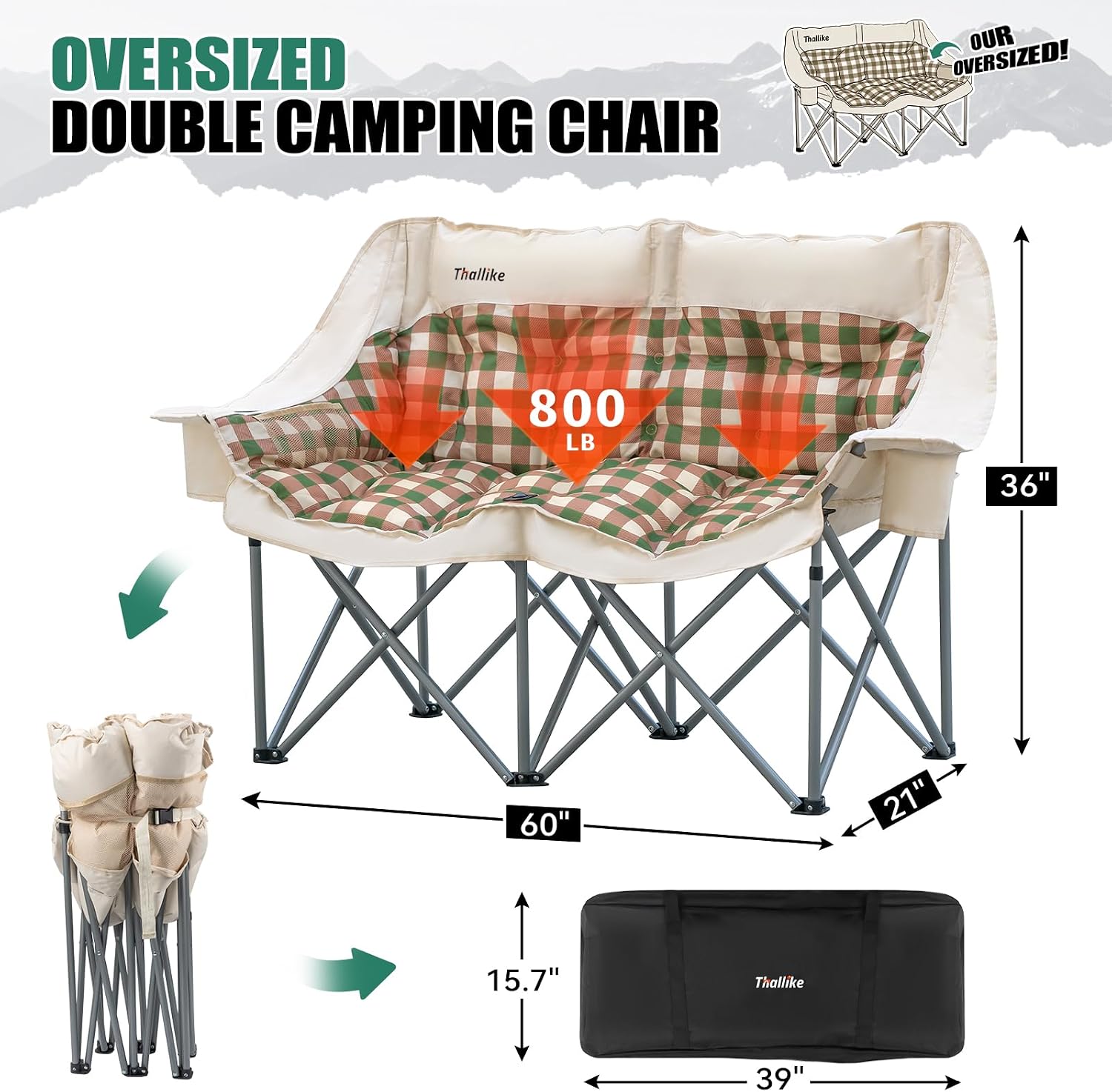 Double Camping Chair, Oversized 2 Person Camp Chairs with Cup Holders Side & Backrest Mesh Pockets Padded Loveseat Camping Chair Foldable for Outdoor Lawn Backyard Beach Support 800LB - Image 2