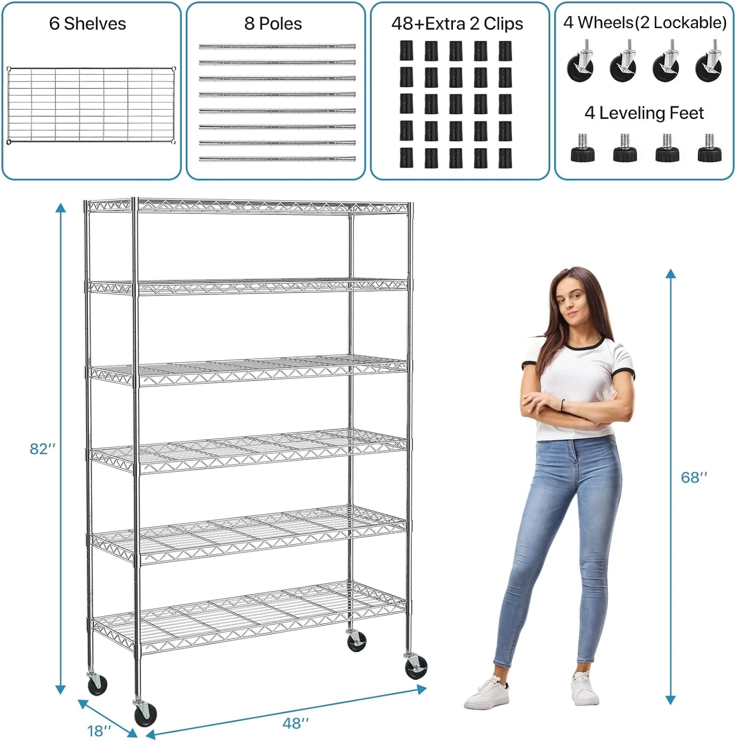 XF XINFENG 6 Tier Storage Shelves Adjustable Wire Shelving Heavy Duty Metal Shelves with Wheels 2100 lbs Capacity,Black - Image 13