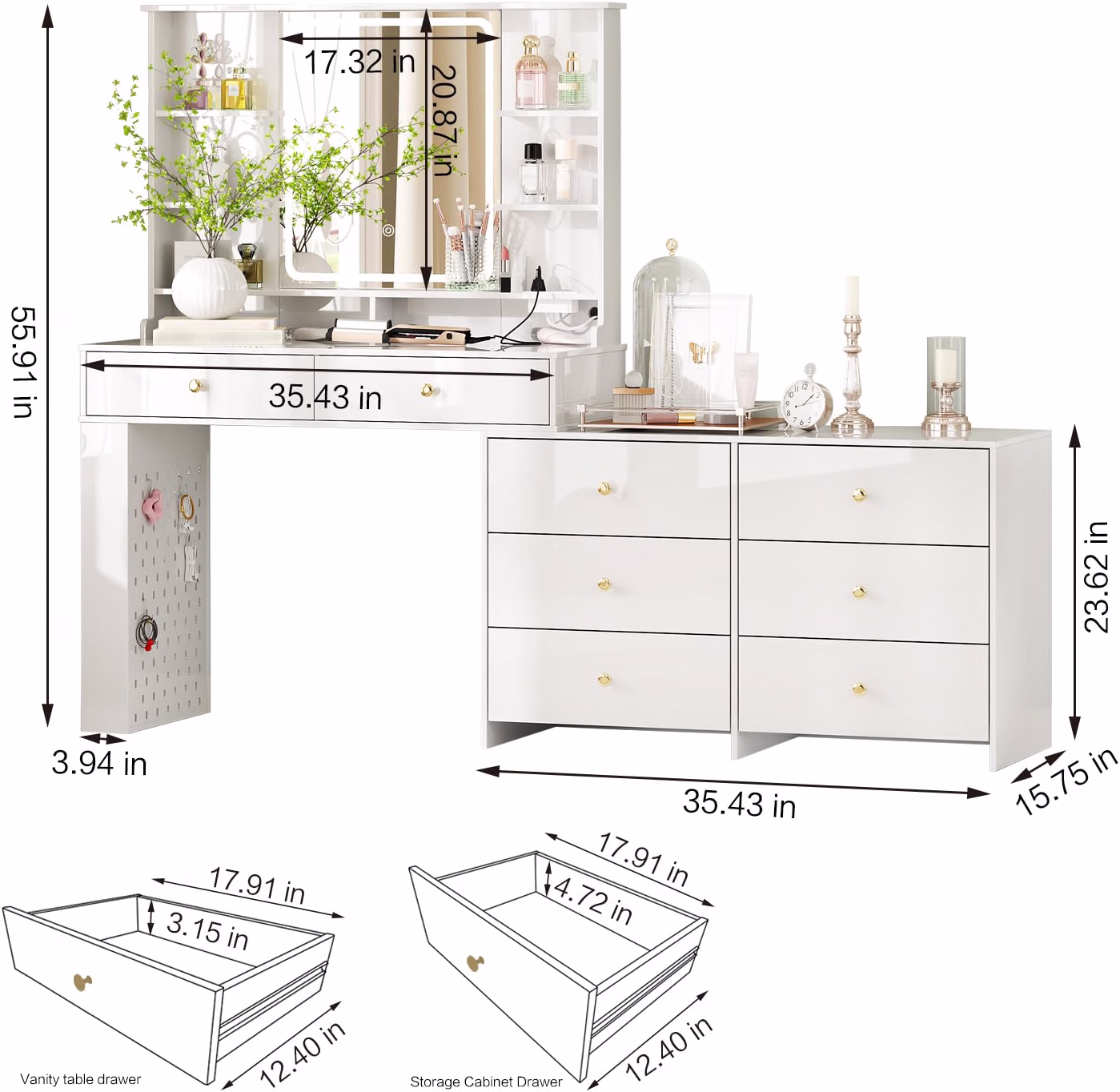 Makeup Vanity Desk with Mirror and Lights, Vanity Desk with 8 Drawers & Storage Shelves, Vanity Table with Power Outlet, 3 Color Modes & Adjustable Brightness Dressing Table, Bedroom, White - Image 2