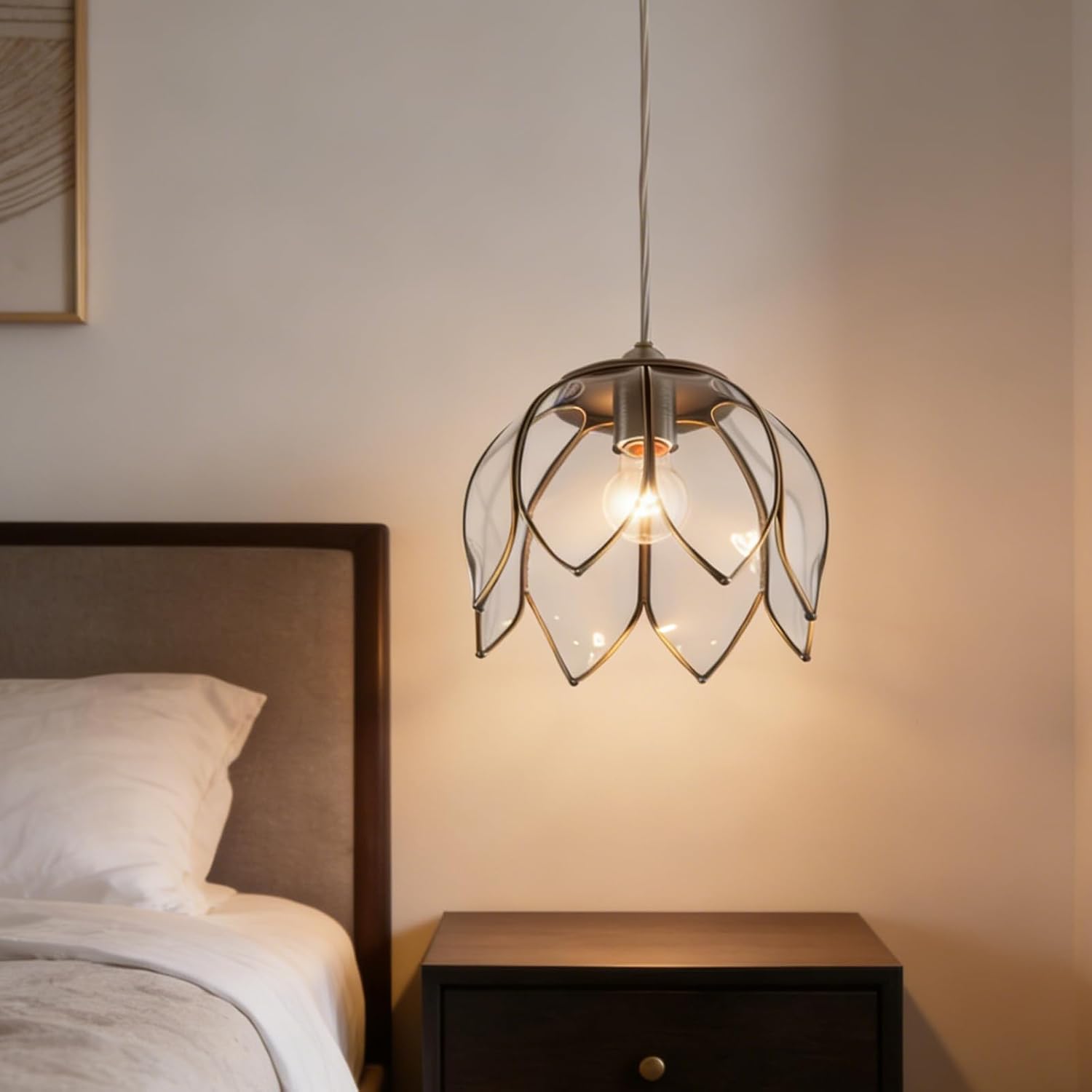 Brass Glass Ceiling Pendant Light, Hanging Lamp with Vintage Lotus Flower Glass Shade for Kitchen Island Dining Room Entryway Living Room-12inches Clear Large Shade