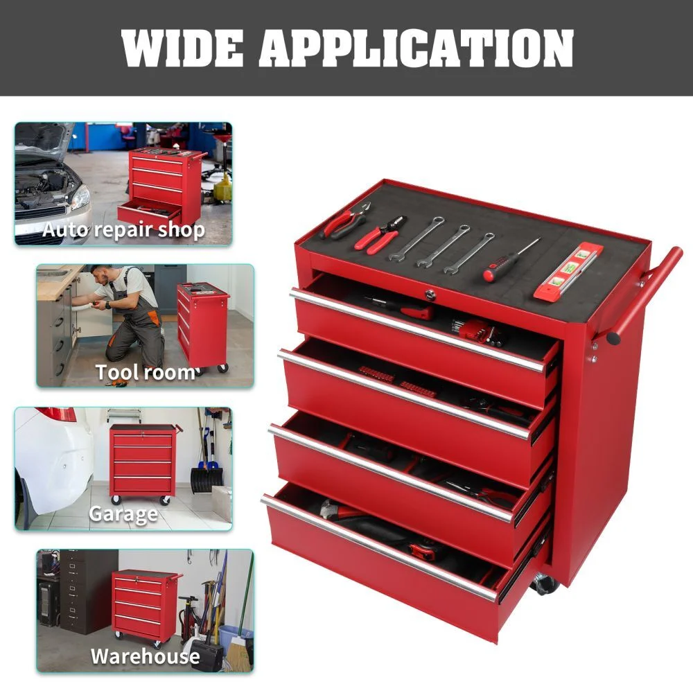 IVV 4-Drawer Rolling Tool Chest w/Lock & Key, Tool Storage Cabinet with Universal Wheels, Anti-Scratch Liners, Tool Organizer Box for Garage, Warehouse & Repair Shop, Red - Image 8