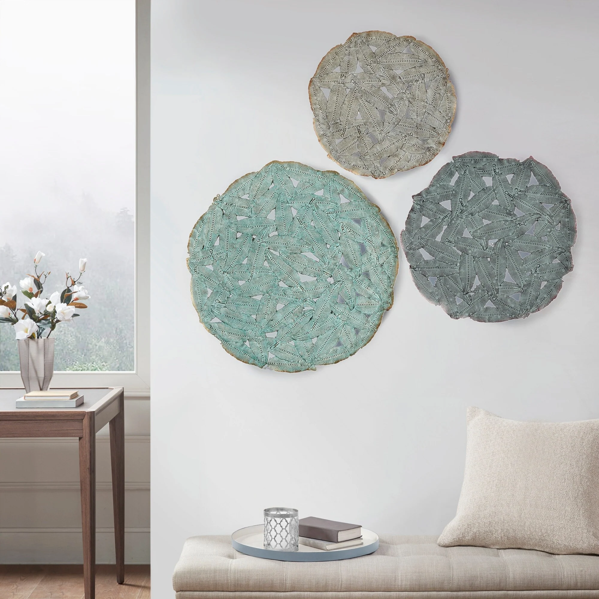 Textured Feather 3-Piece Metal Disc Wall Decor Set, Decorative Wall Art for Home - Image 17