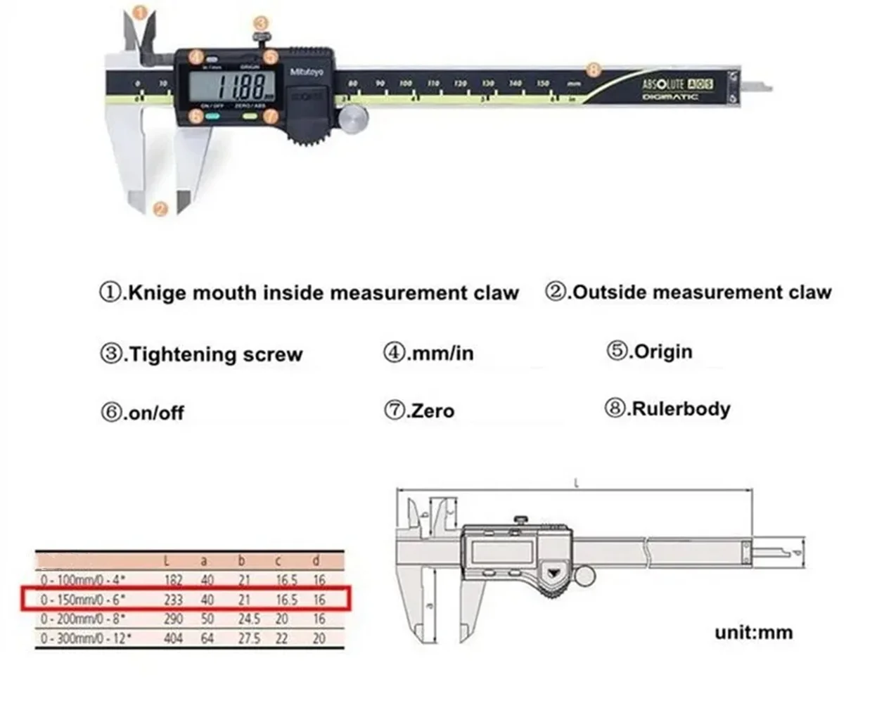 Mitutoyo 500-193-30 Advanced Onsite Sensor AOS Digital Caliper LCD Vernier Caliper Stainless Steel Measuring Tools 500 Series, 0" to 12"/0 to 300mm Measuring Range, 0.0005"/0.01mm Resolution, AOS - Image 5