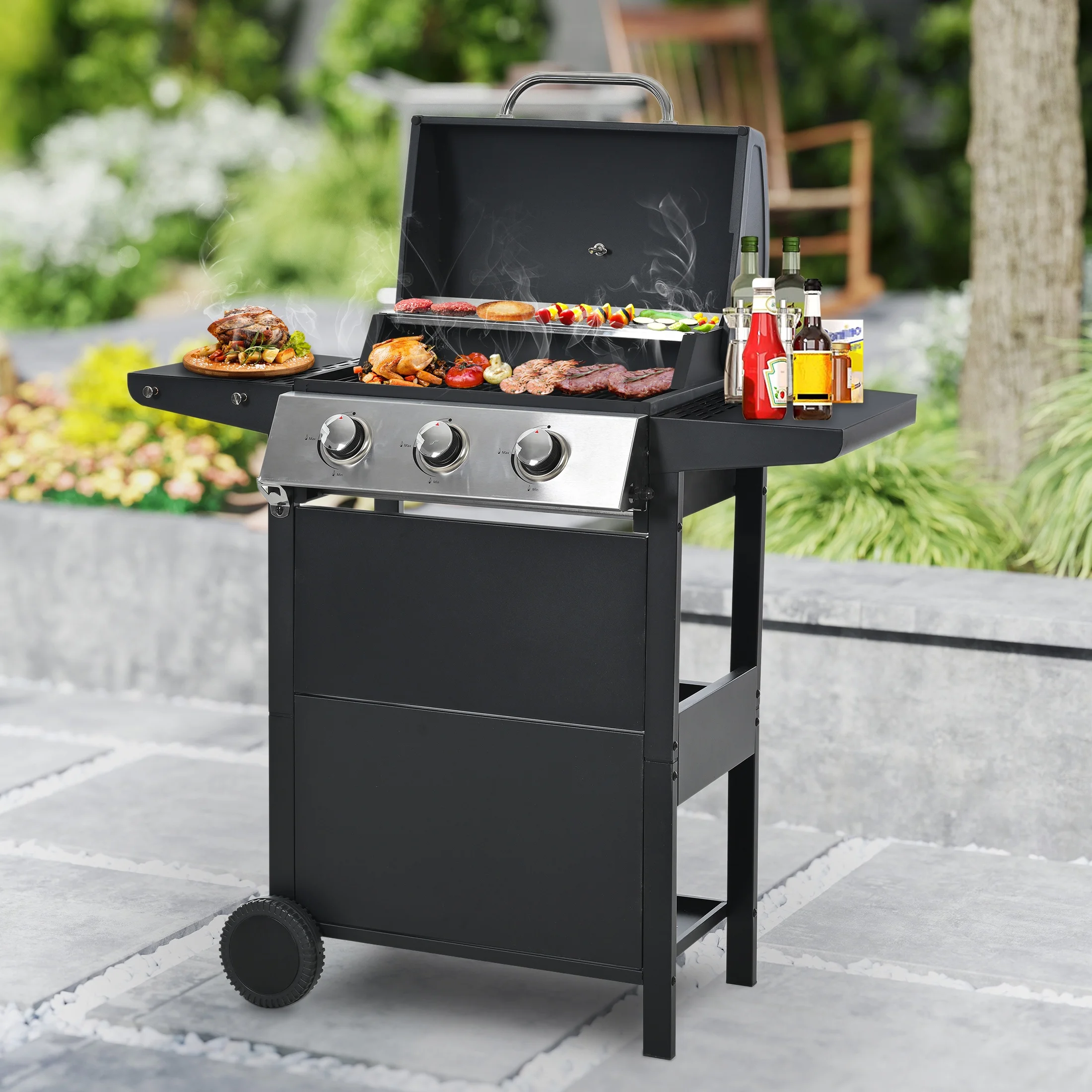 Segmart 3 Burner BBQ Propane Gas Grill, Stainless Steel 30,000 BTU Patio Garden Barbecue Grill with Folding Side Tables, Hanging Basket & Thermometer, Perfect for Camping, Outdoor Cooking - Image 20