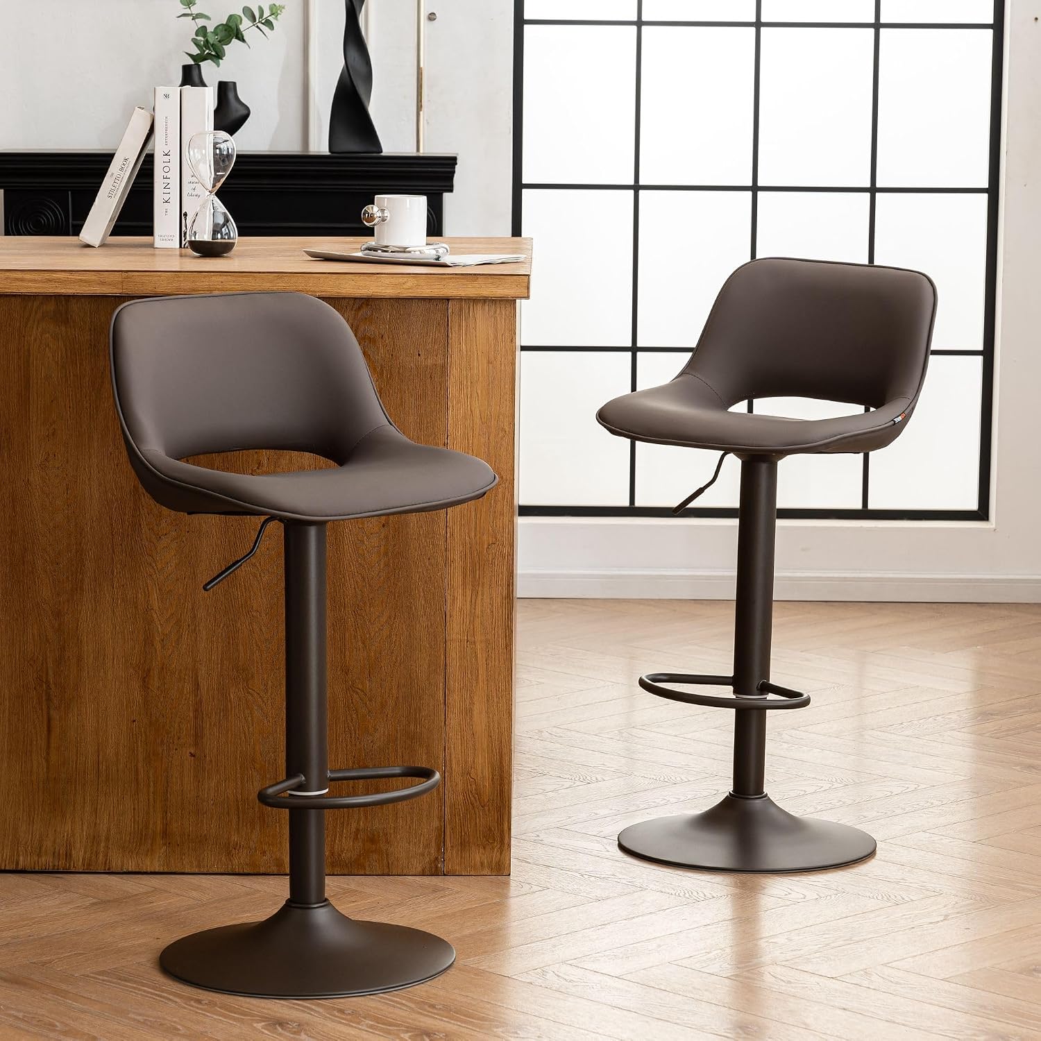 Bar Stools Set of 2 Modern Swivel Barstools, Compact Adjustable Counter Height Bar Stools, Faux Leather Upholstered Counter Stools with Hollow Back for Kitchen Island, Brown - Image 3
