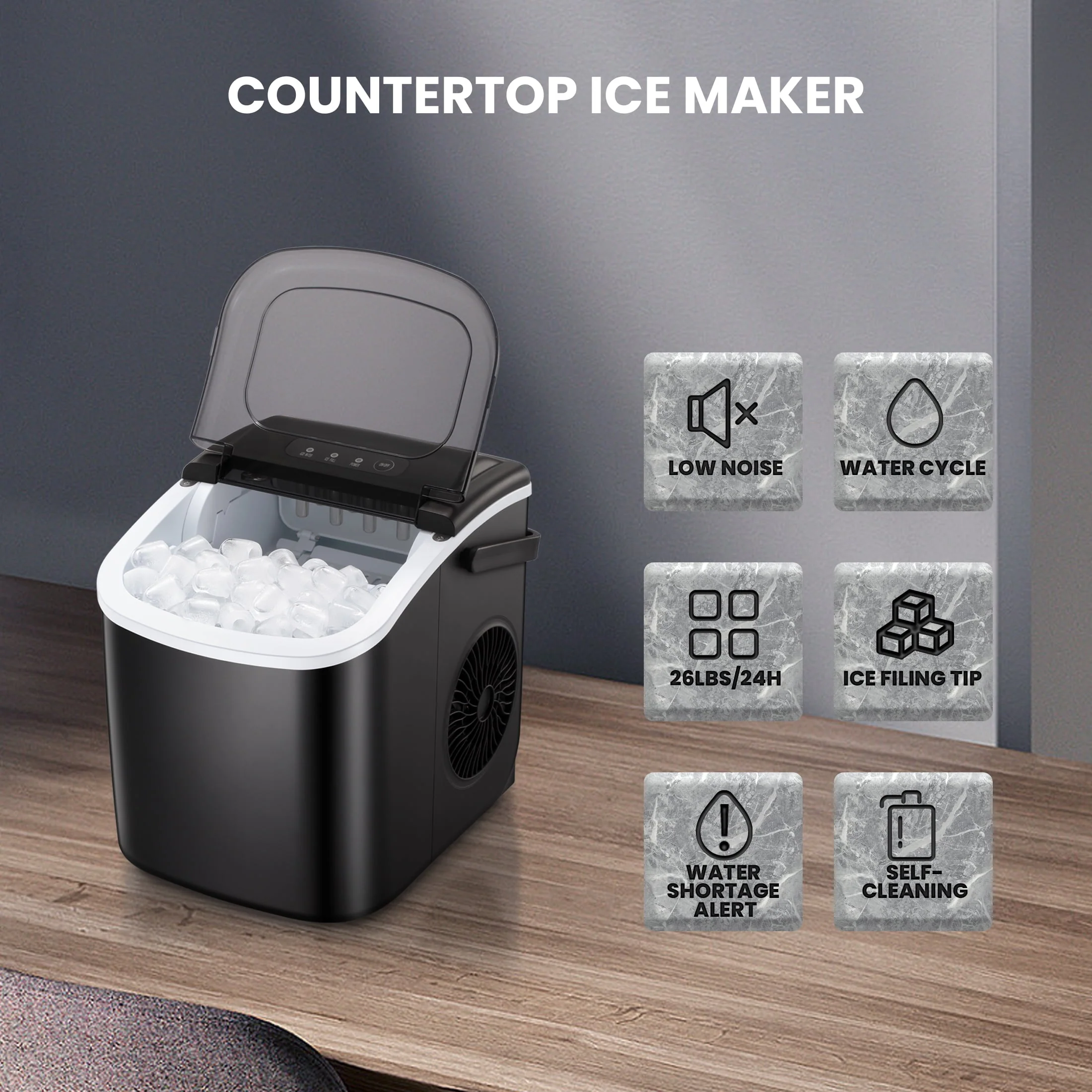 KISSAIR Countertop Ice Maker, Self-Cleaning Portable Ice Maker Machine with Handle, 9 Bullet-Shaped Ice Cubes Ready in 6 Mins, 26Lbs/24H with Ice Scoop and Basket for Home/Kitchen/Party - Image 4
