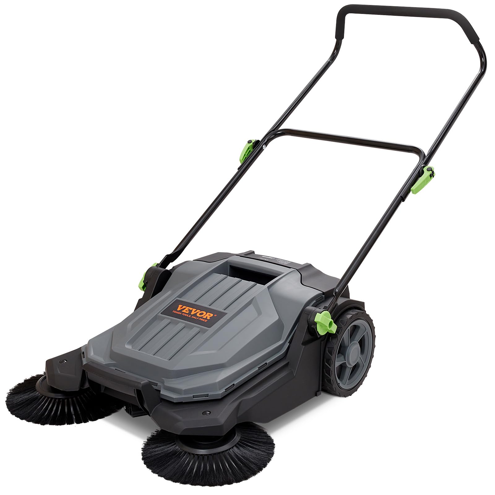 Walk-Behind Hand Push Floor Sweeper, 5-Gallon Waste Container, Manual Outdoor Sweeping Machine