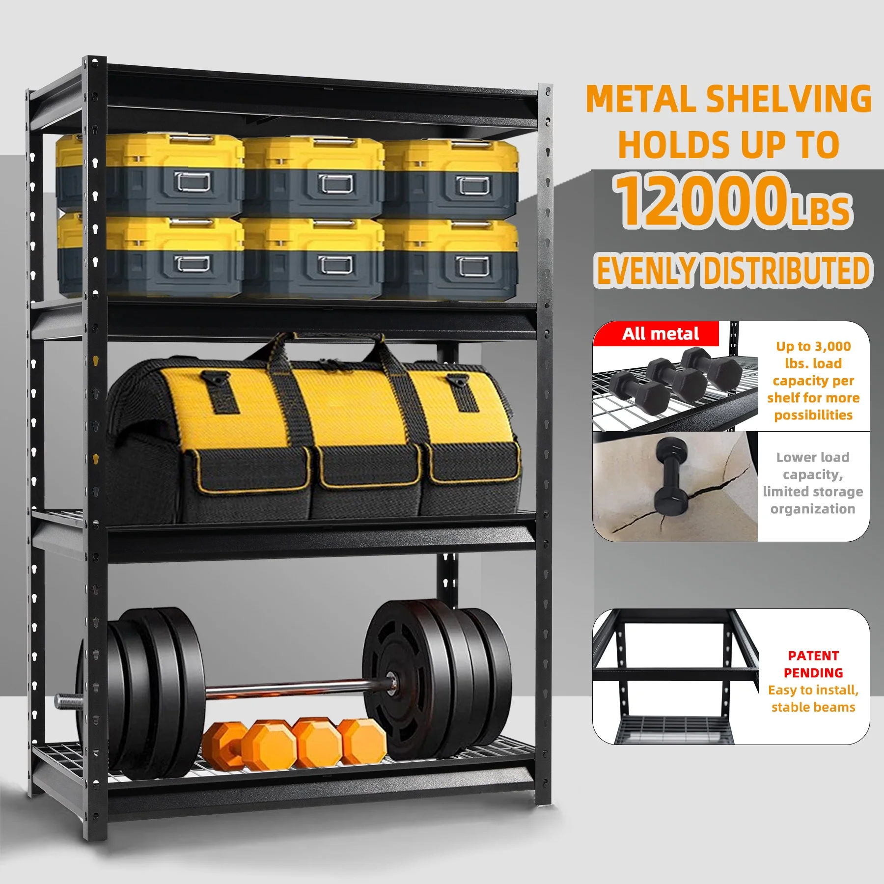 Shuntong The Atlas 12000LBS Garage Storage Shelves, 48"W Heavy Duty Metal Industrial Shelves, 4 Tier Adjustable Storage Rack for Warehouse Shop Basement,48"W x 24"D x 72"H, Black - Image 4