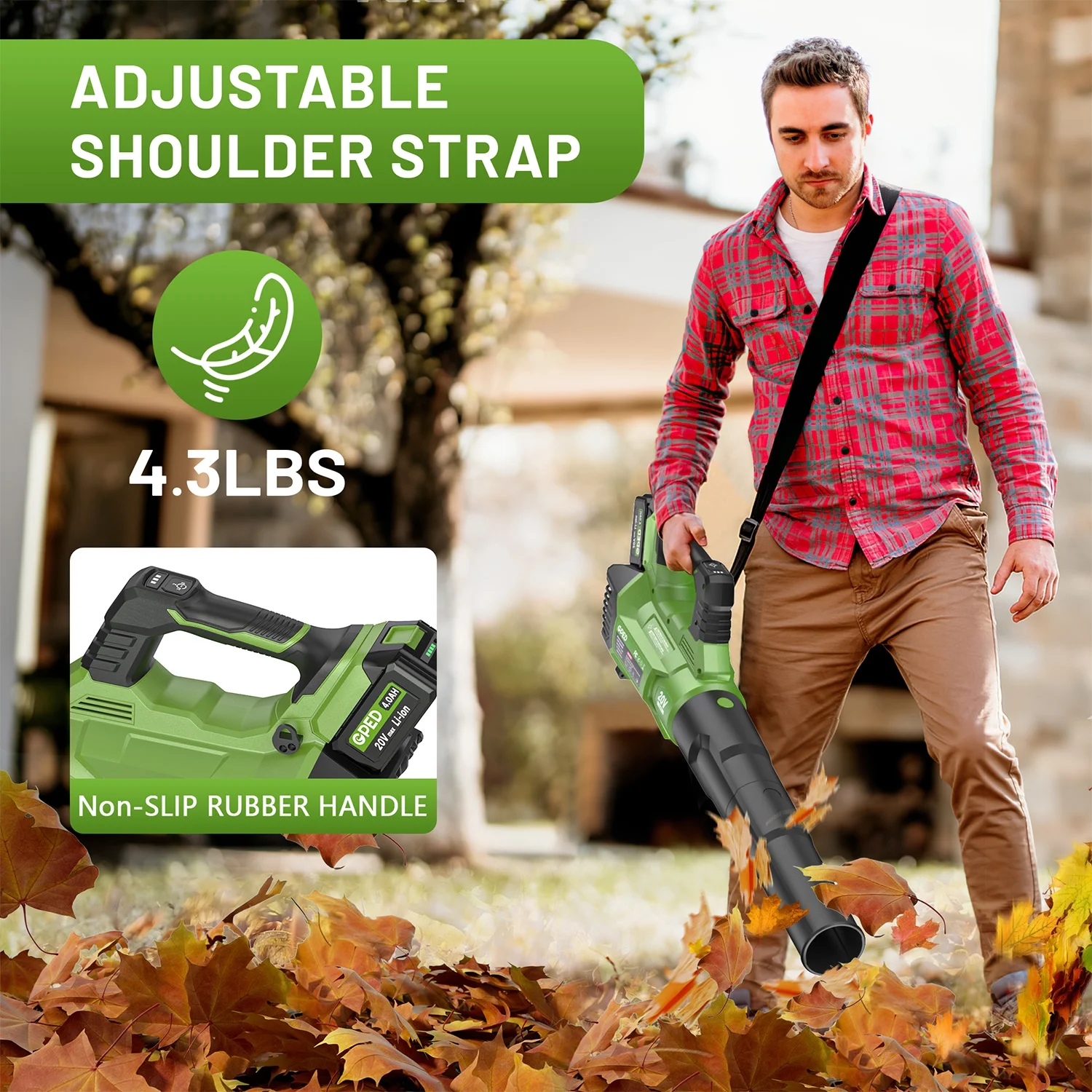 GPED Leaf Blower, 3 Speed Adjustment Electric Cordless Leaf Blower with 2 x 4.0Ah Batteries, Charger, Shoulder Strap, 580CFM/160MPH, Ideal for Patio Cleaning, Lawn Care, Blowing Leaves, Green - Image 7