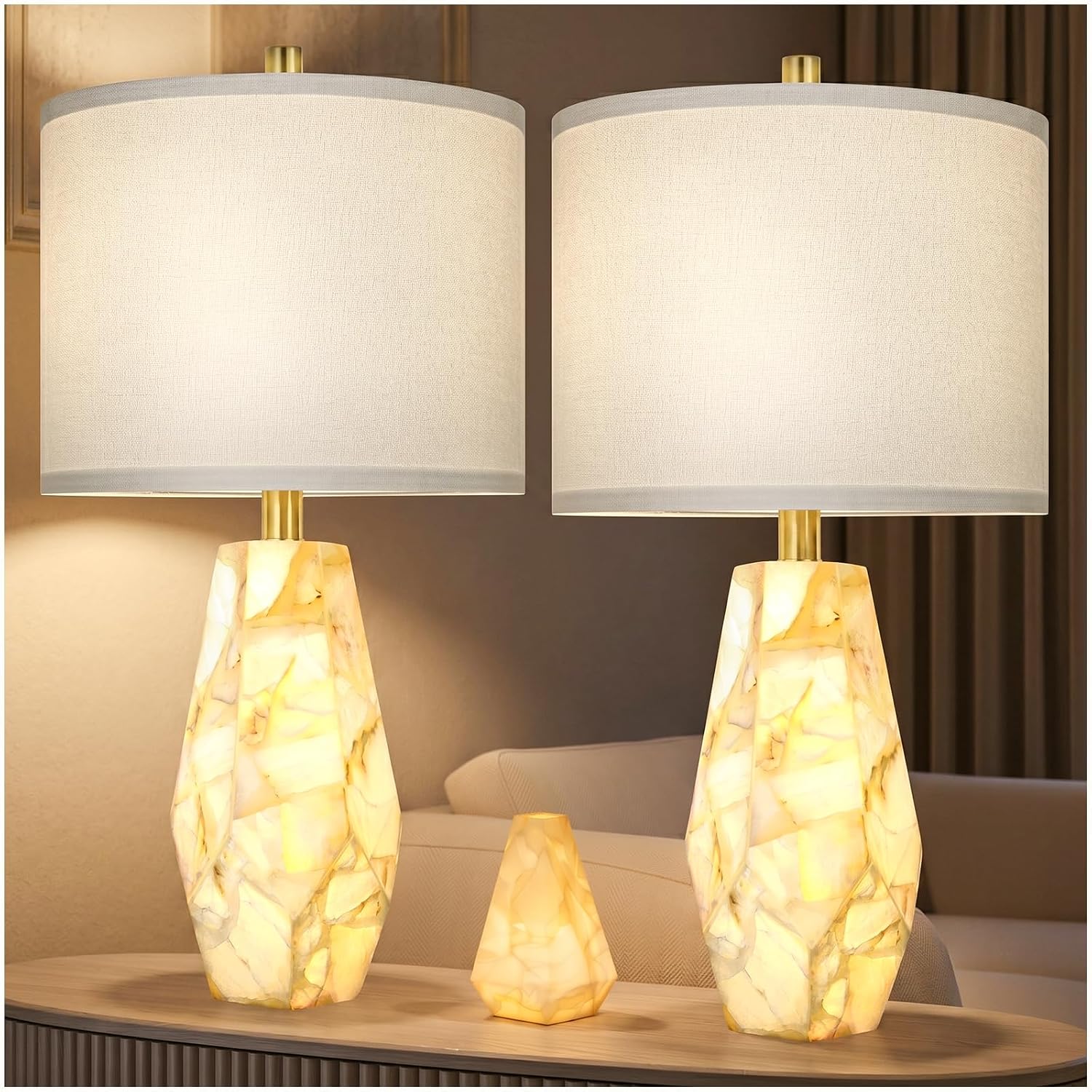 Alabaster Table Lamps with Night Light, Bedside Lamp with USB A+C - Image 5
