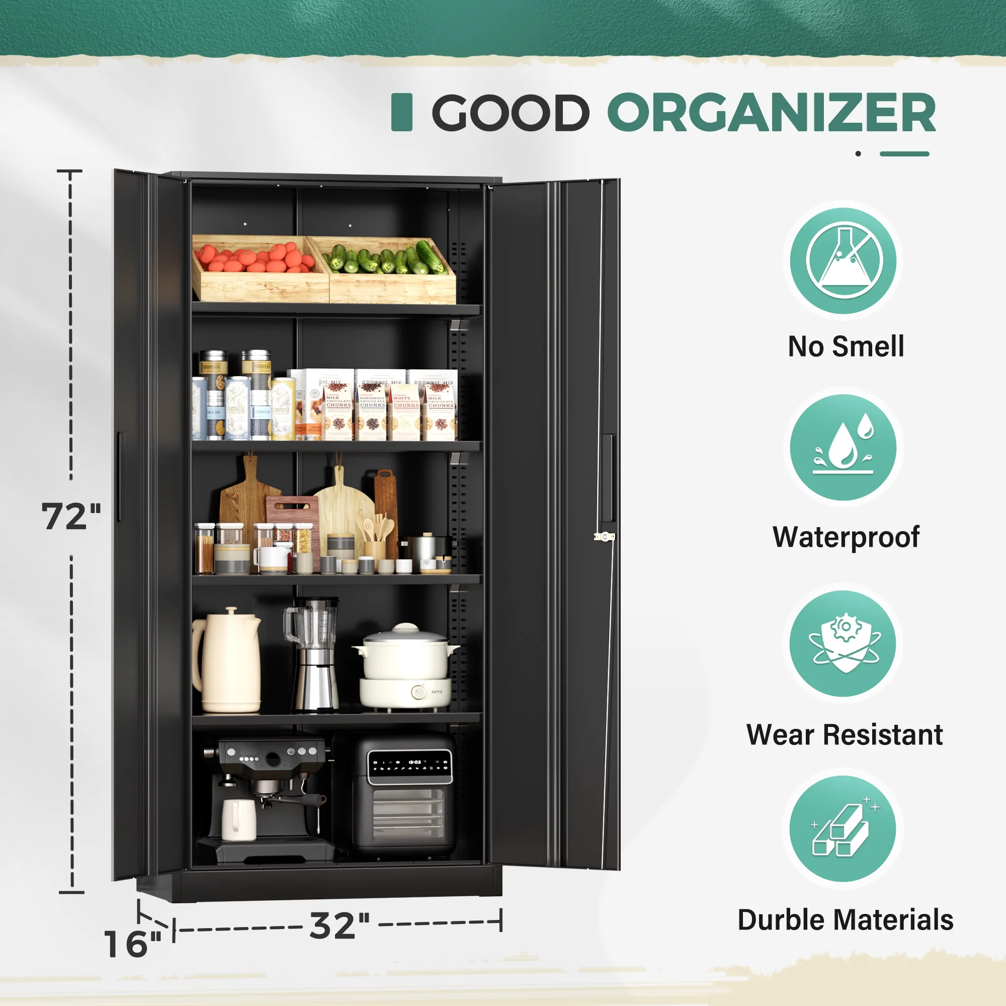 SOLAURA Metal Storage Cabinet with Wheels, 73" Garage Rolling Cabinet with Locking Door and 4 Shelves, Tool Cabinet on Caster for Home, Office, Black - Image 45