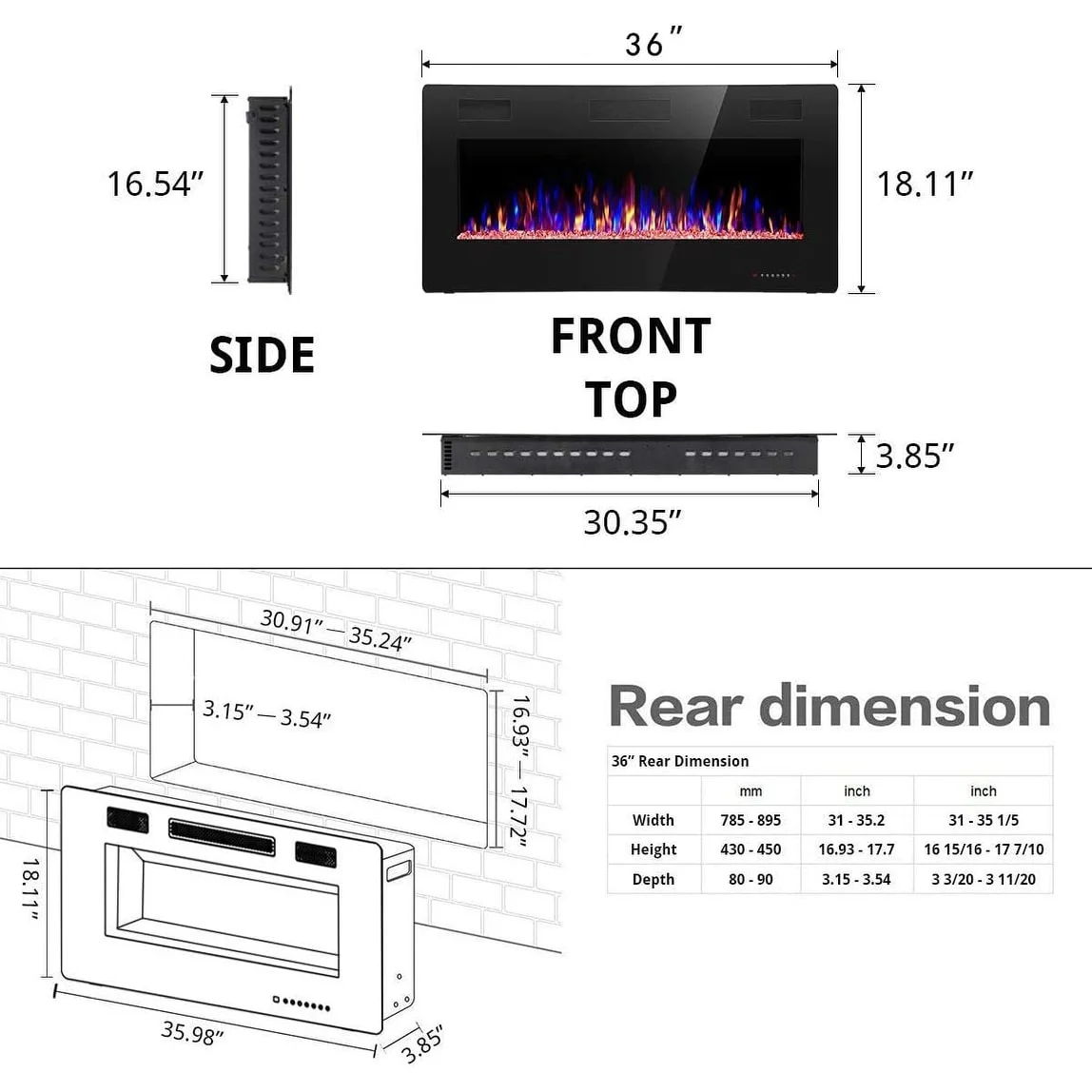 Recessed Electric Fireplace Heater, Wall Mounted 750-1500W Fireplace with Remote Control - Image 11