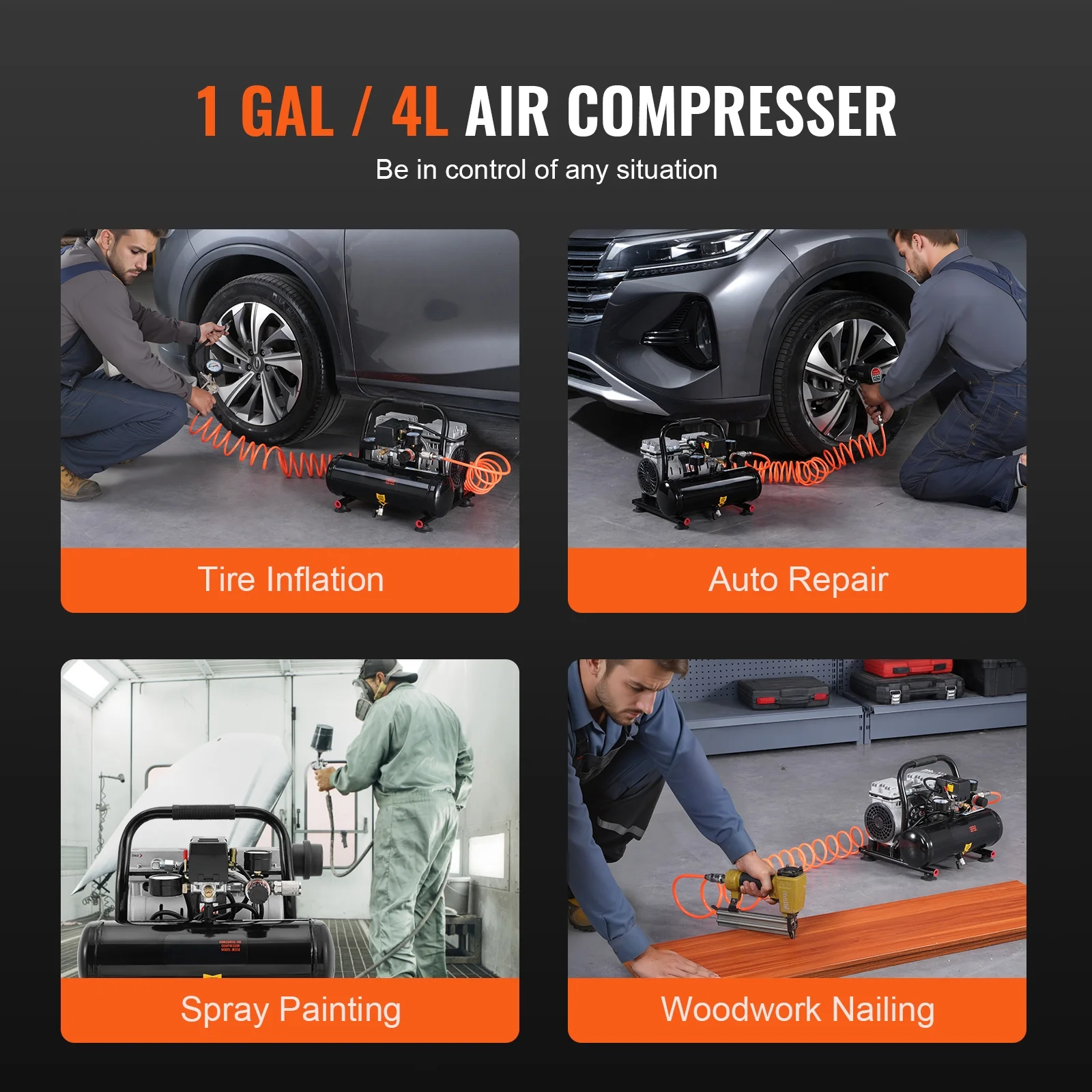 KFFKFF Air Compressor with 1 Gallon Steel Tank, 1HP, 1.5 CFM at 90PSI & Max Pressure of 120PSI, Oil-Free Operation, 78dB Low Noise Level, Ideal for Automotive Maintenance, Tire Inflation - Image 3
