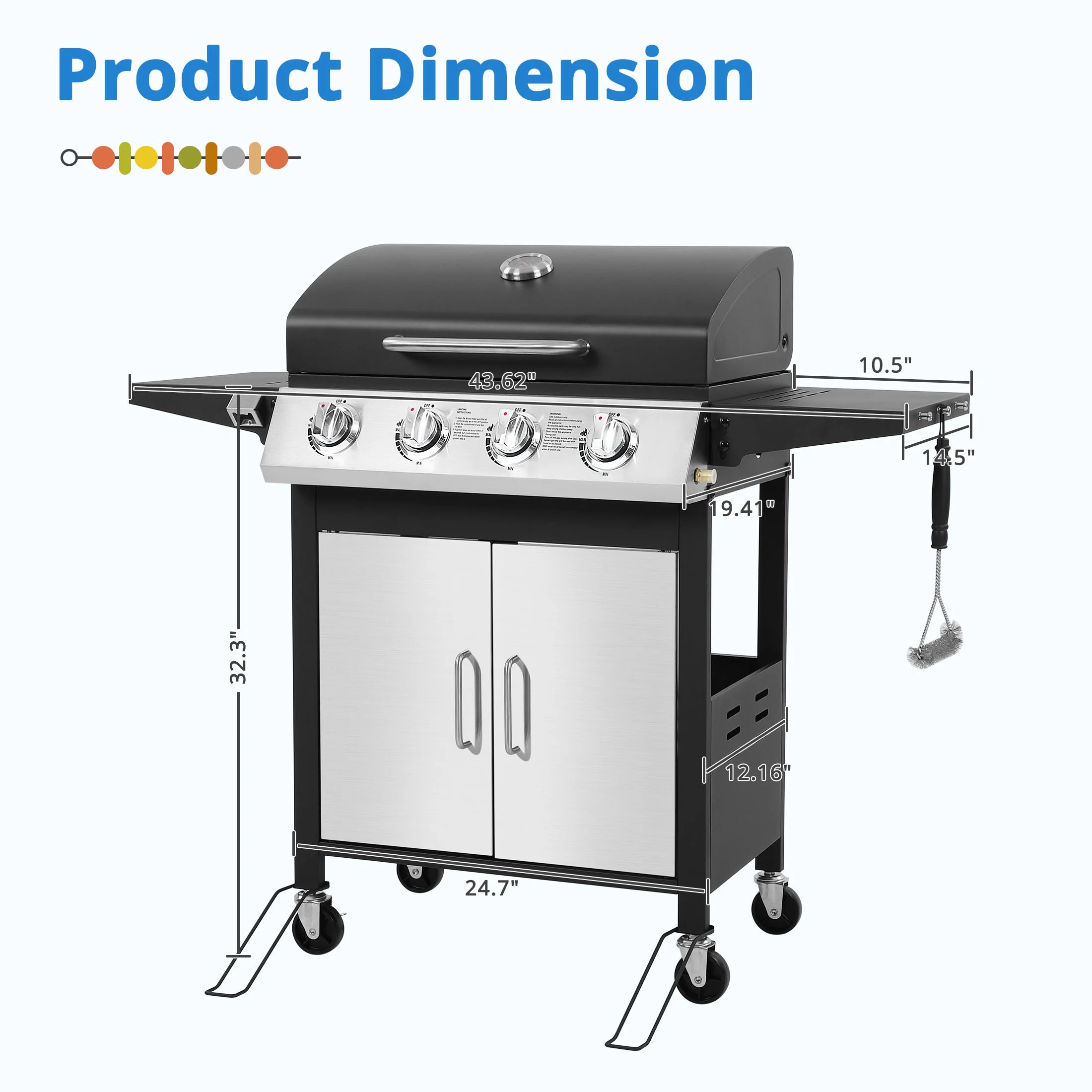 SEGMART 4 Burner BBQ Propane Gas Grill, Stainless Steel 40,000 BTU Patio Garden Barbecue Grill with Folding Side Tables, Cleaning Brush & Thermometer, Perfect for Camping, Outdoor Cooking - Image 10