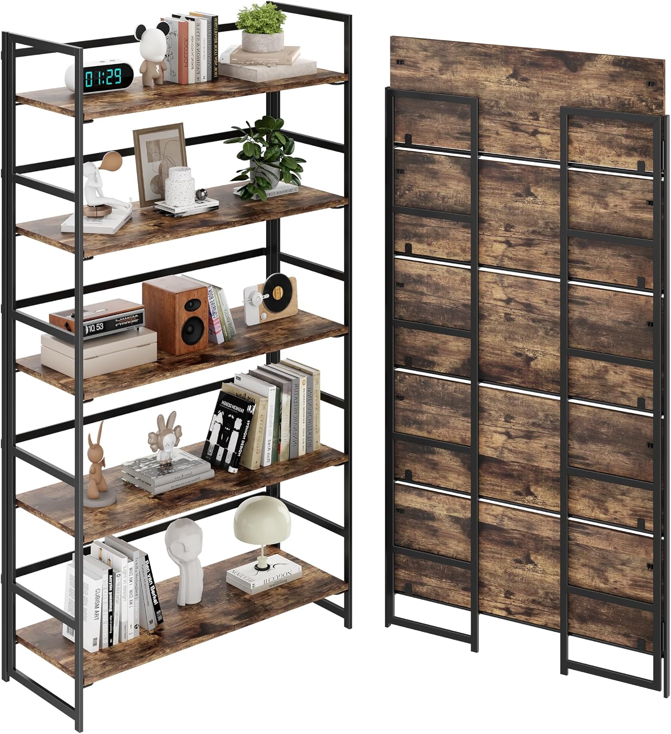 Vintage Multifunctional Folding Bookshelf, No-Assembly Plant Stand Storage Rack Shelves for Home Office (White, 5-Tier) - Image 15