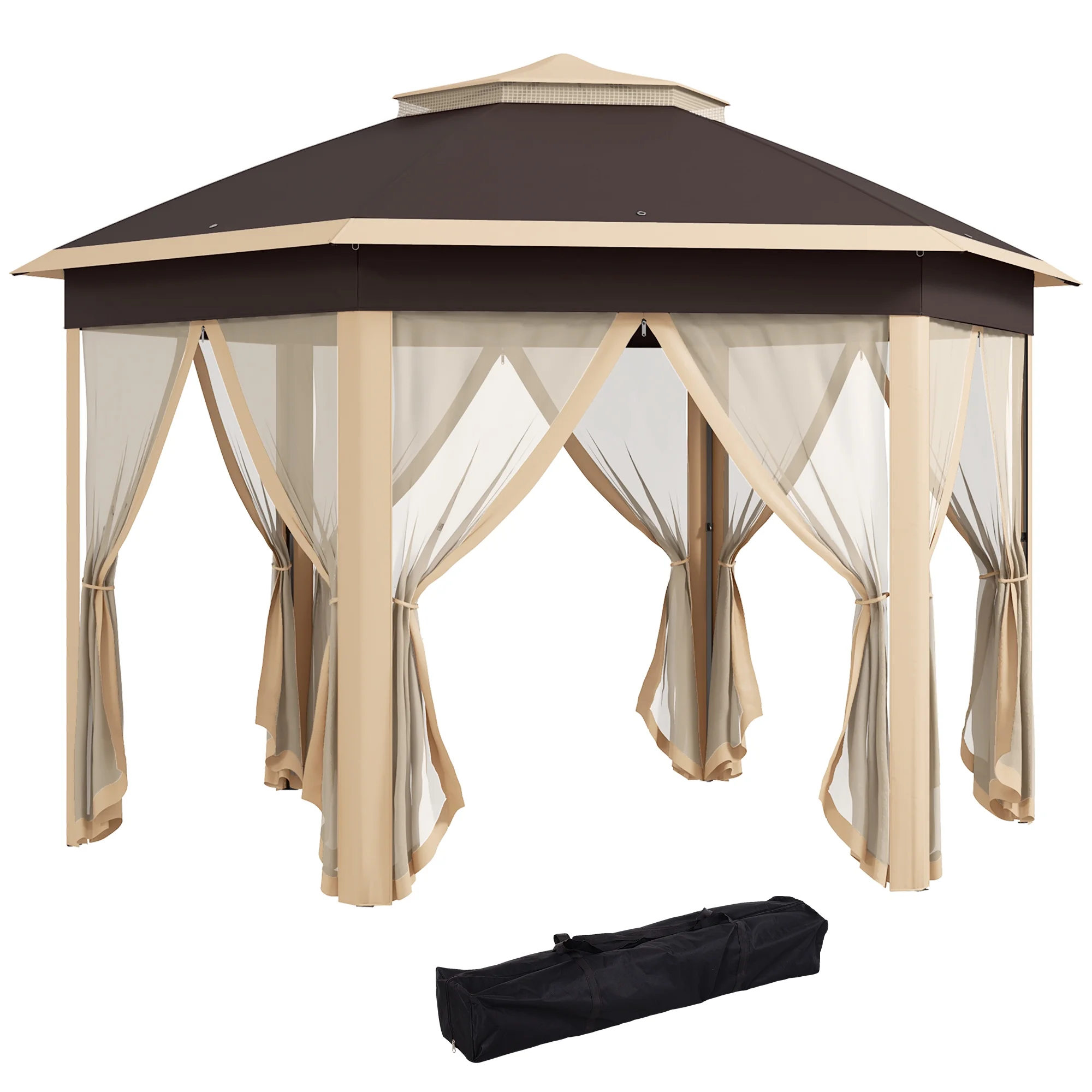 Outsunny 13' x 13' Pop Up Gazebo Hexagonal Canopy with 6 Zippered Mesh Netting, 2-Tier Roof Event Tent with Steel Frame for Patio Backyard, Gray - Image 12