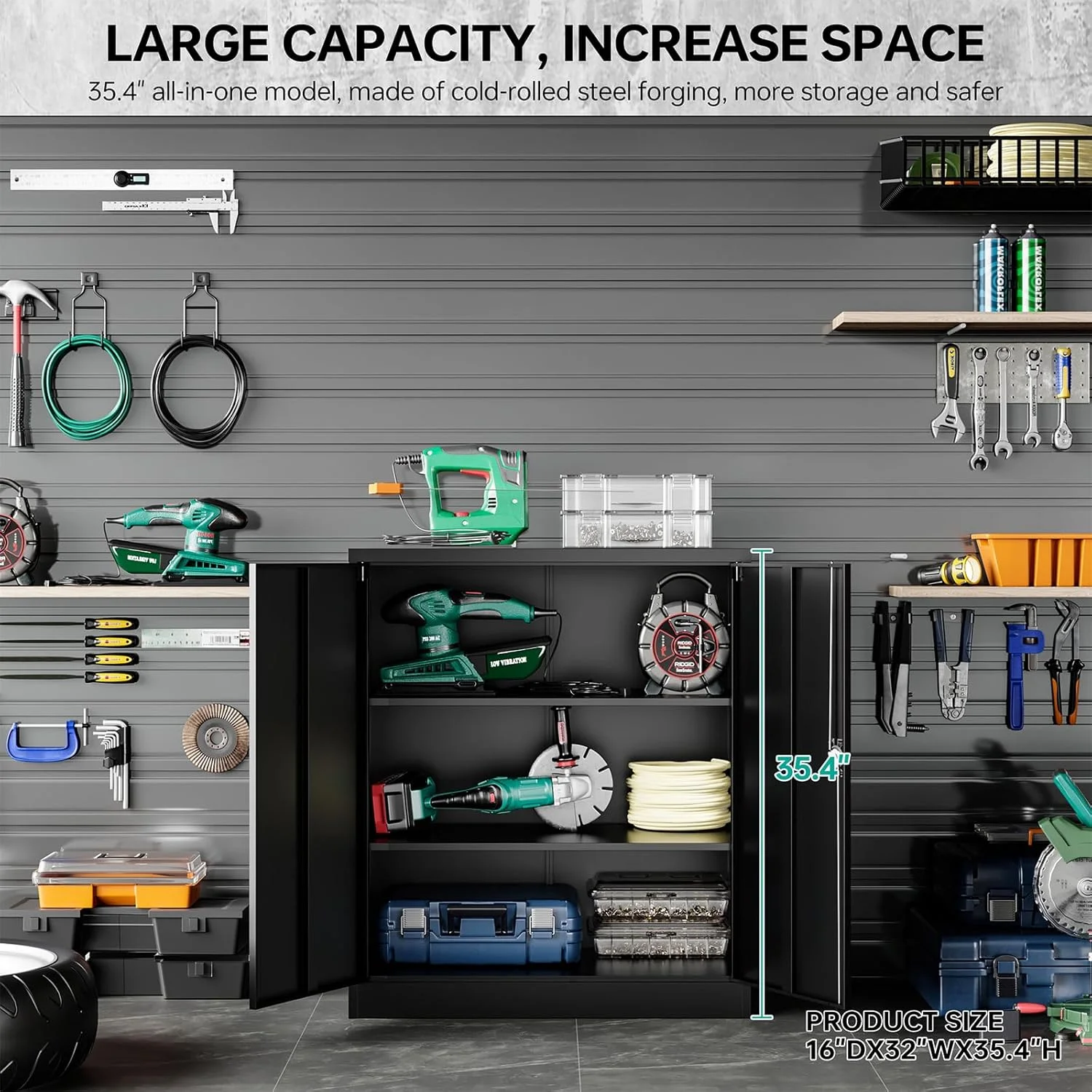 HLL 36 inch Metal Storage Cabinet with Doors and Shelves,Small Black Locking Garage Cabinet,Lockable Short Steel Cabinets for Home,Office,Shop,Garage - Image 5