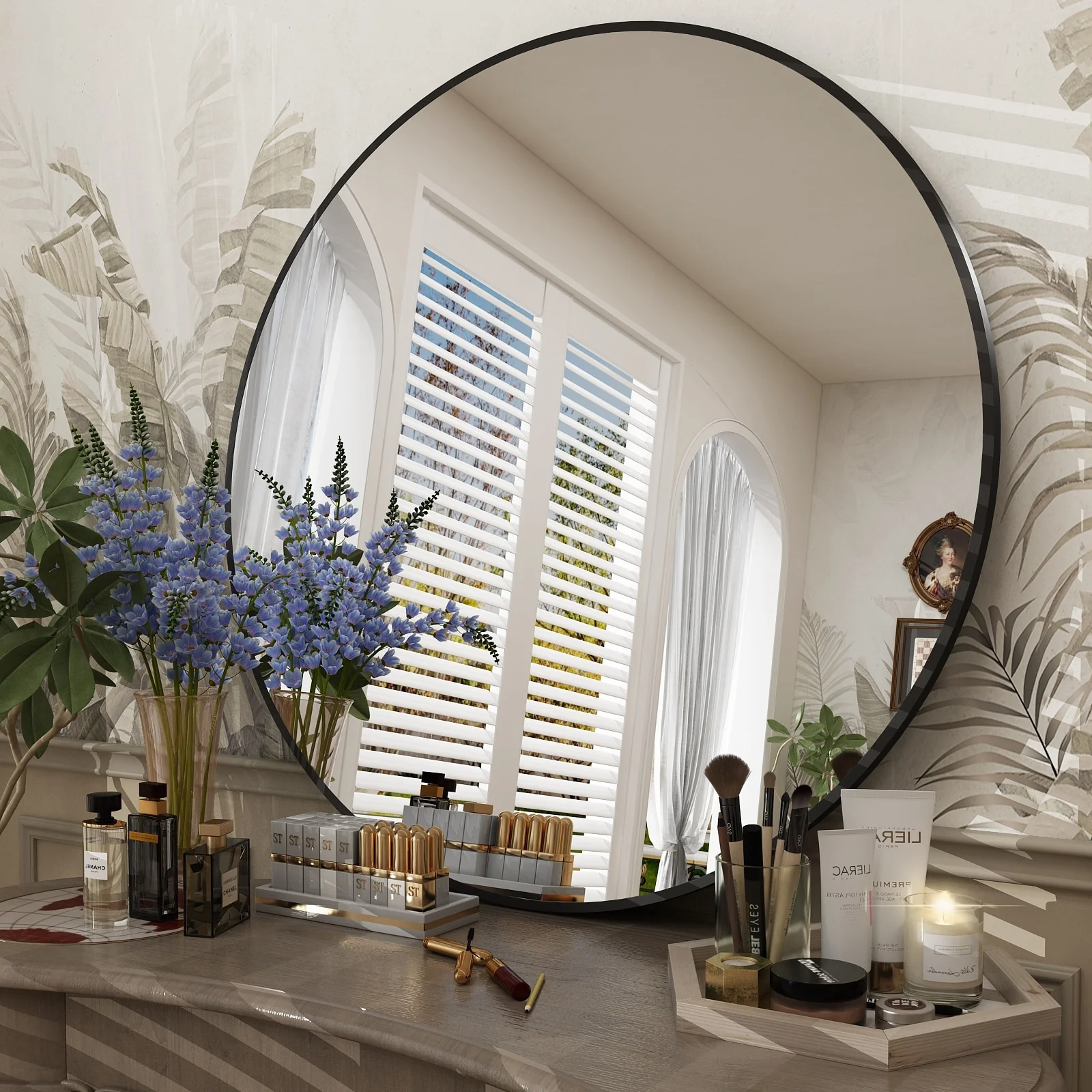 Round Metal Black Frame Bathroom Vanity Mirror, Wall Mounted Decorative Mirror - Image 4