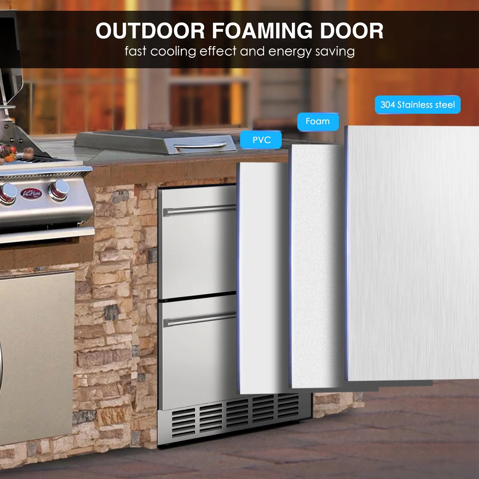 QAUSOU 24 Inch Under Counter Double Drawer Fridge, Weather Proof Stainless Steel Outdoor Beverage Refrigerator for Patio - Image 8