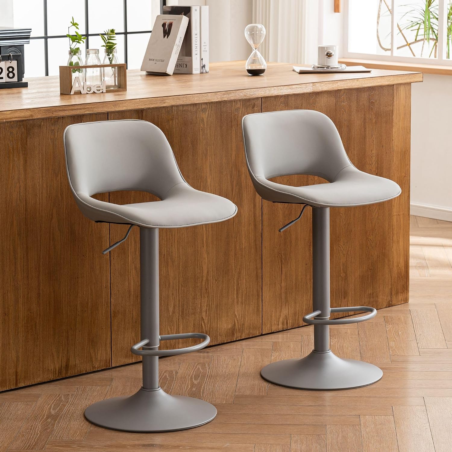 Bar Stools Set of 2 Modern Swivel Barstools, Compact Adjustable Counter Height Bar Stools, Faux Leather Upholstered Counter Stools with Hollow Back for Kitchen Island, Brown - Image 5