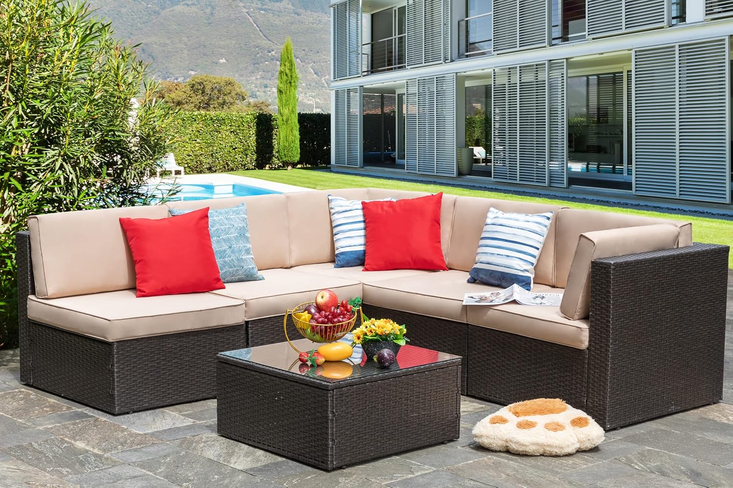 5-Piece All-Weather Patio Furniture Set with Ottoman, Outdoor Wicker Conversation Sofa Set with Cushions for Garden, Deck & Backyard - Image 7