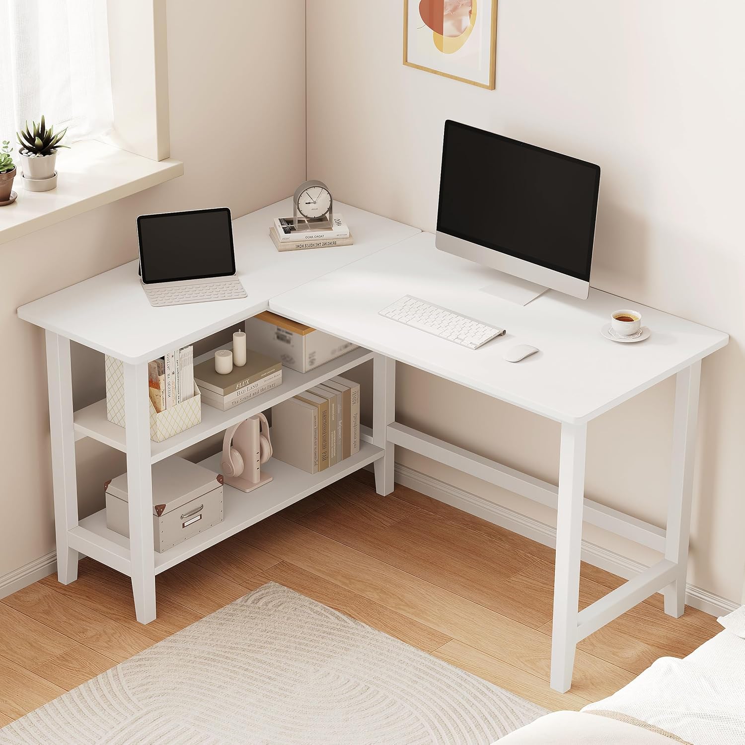 45" Reversible L-Shaped Office Desk with Storage Shelves, White - Image 2