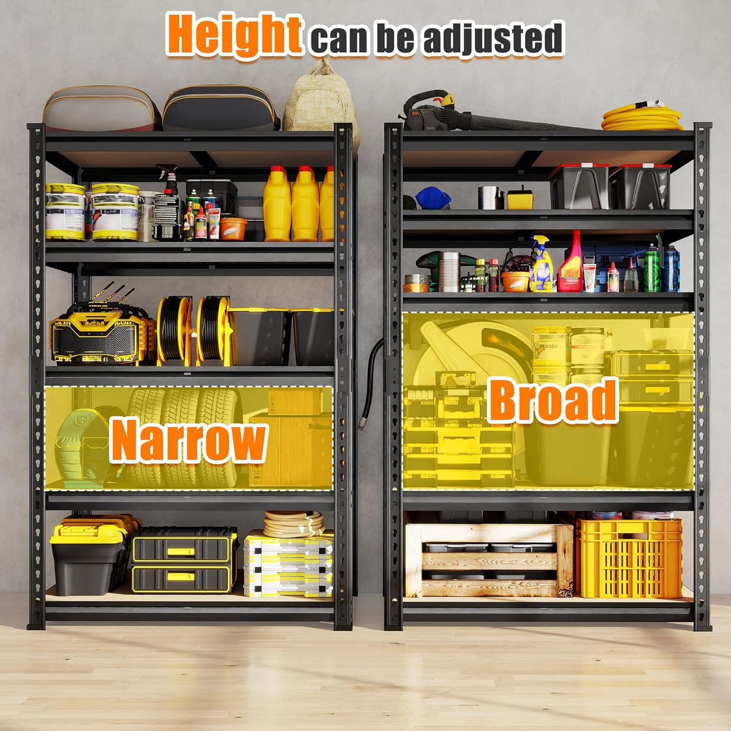 72.12" H Garage Shelving, Storage Shelves Load 2100LBS, 5-Tier Adjustable Shelving Unit with Thickened Wooden Boards for Multiple Scenarios, 72.12" H x 35.55" W x 11.85" D, Black - Image 5