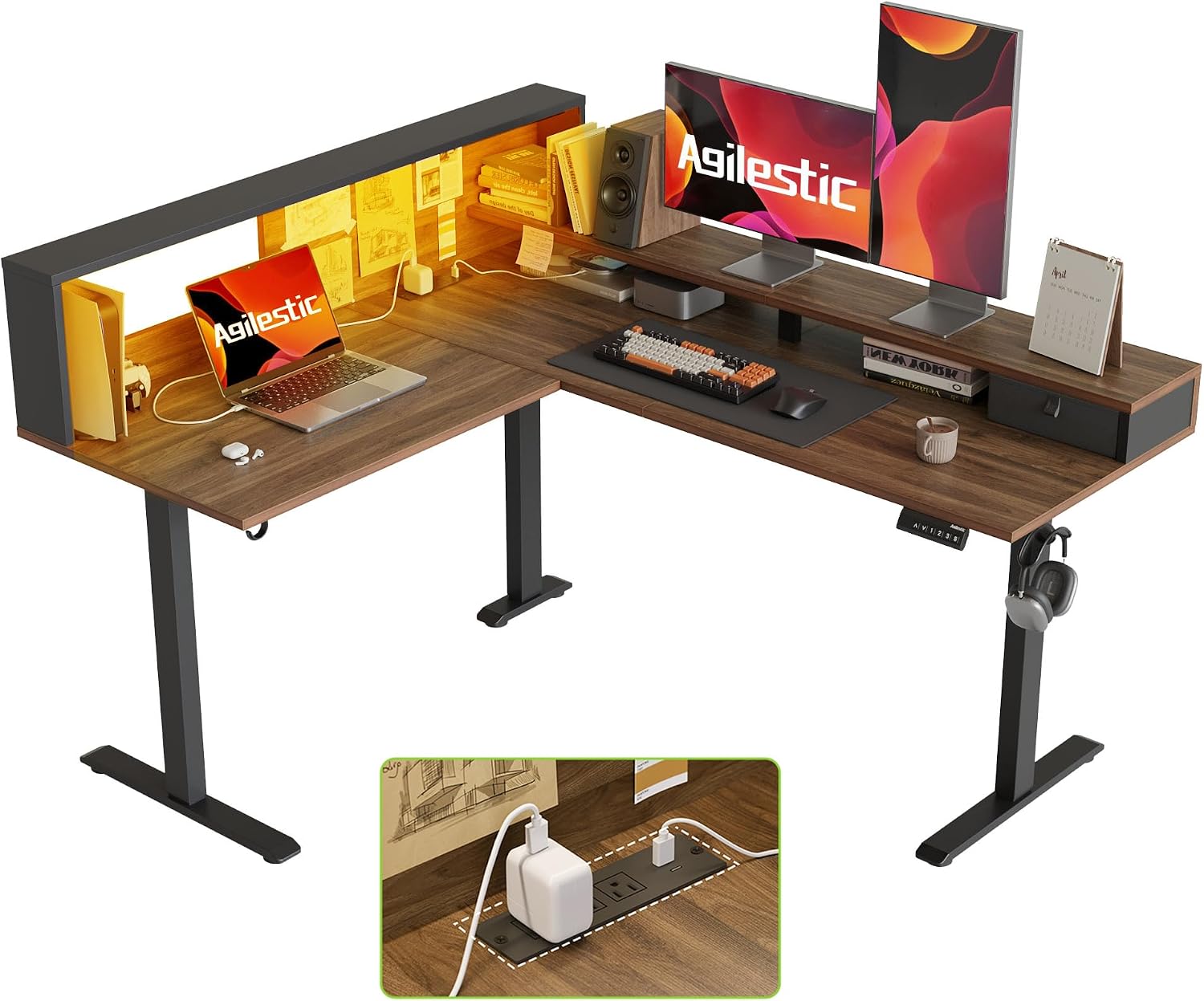 63 Inch L Shaped Electric Standing Desk with Led, Black - Image 9
