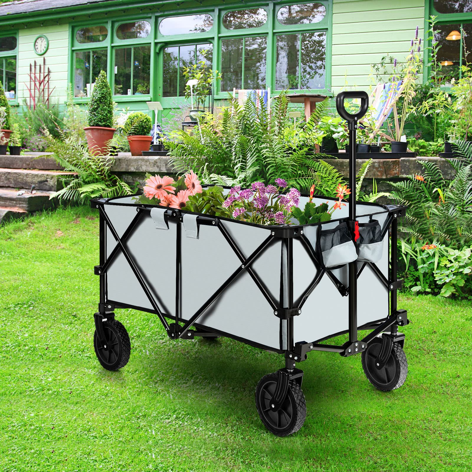 Collapsible Folding Utility Wagon Cart with Universal Wheels, Adjustable Handle and Cover Bag - Image 2