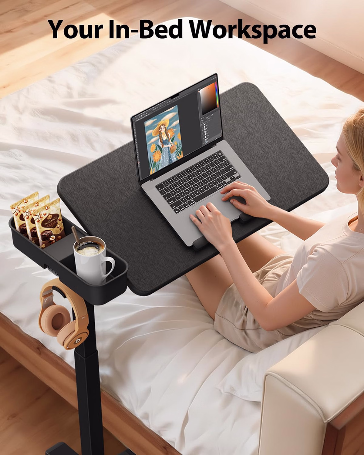 Magnetic Height and 360° Angle Adjustable Overbed Bedside Table Tray - Image 8