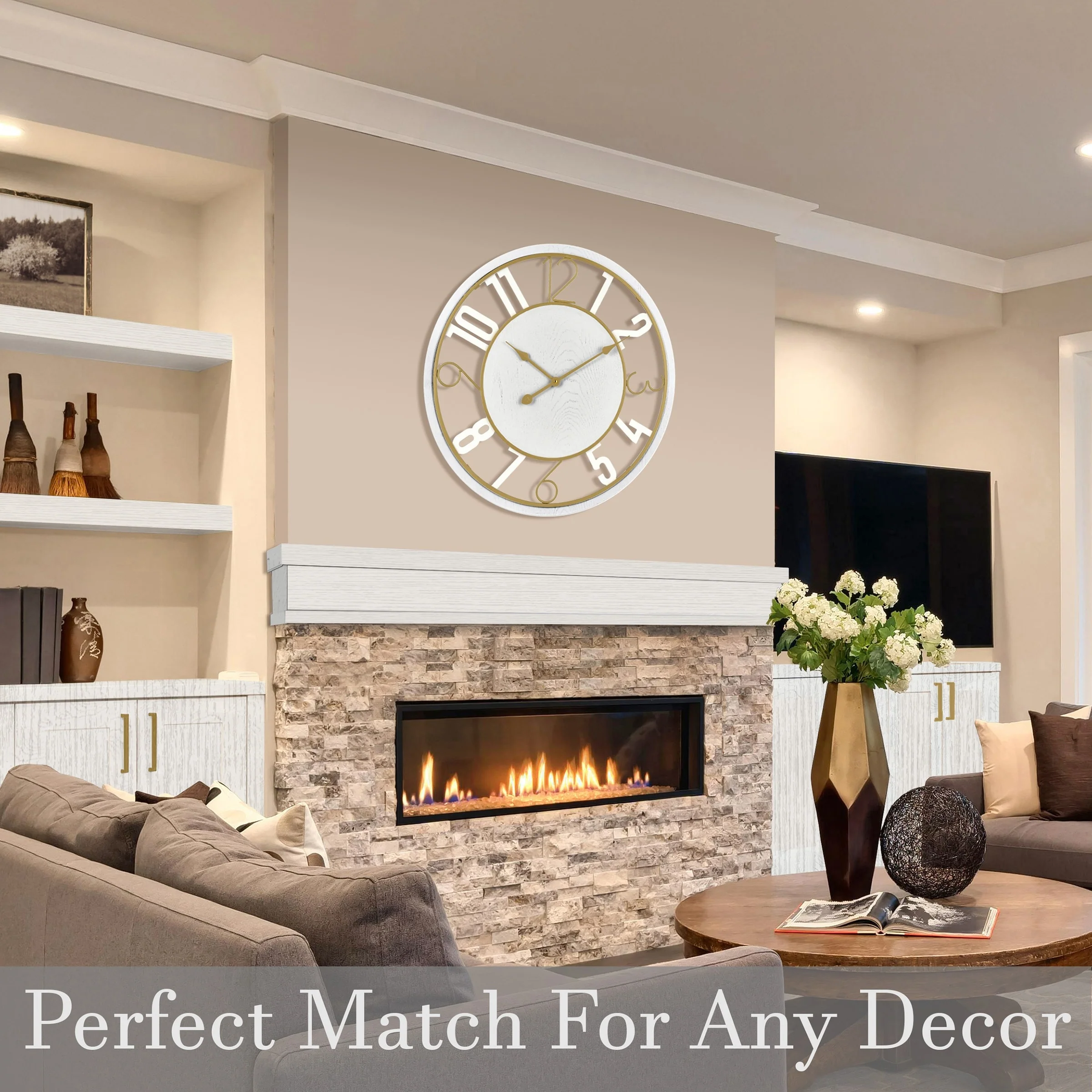24 Inch Round Wooden Wall Clock, Modern Analog Clock with Numeral Design, Battery Operated - Image 10