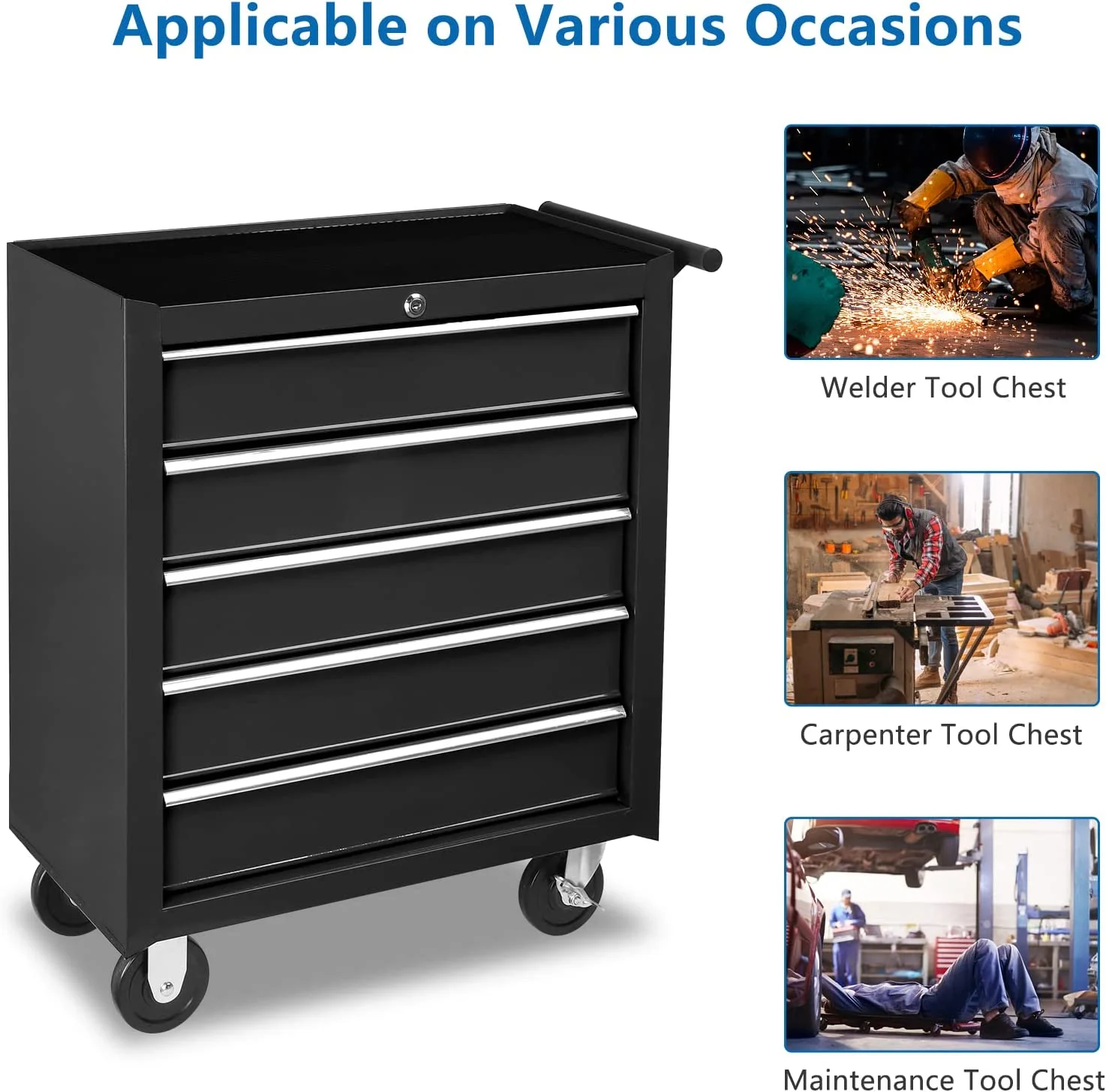 TUFFIOM 5-Drawer Rolling Tool Chest with Lock & Key, Tool Storage Organizer Box Cabinet with Wheels - Image 16