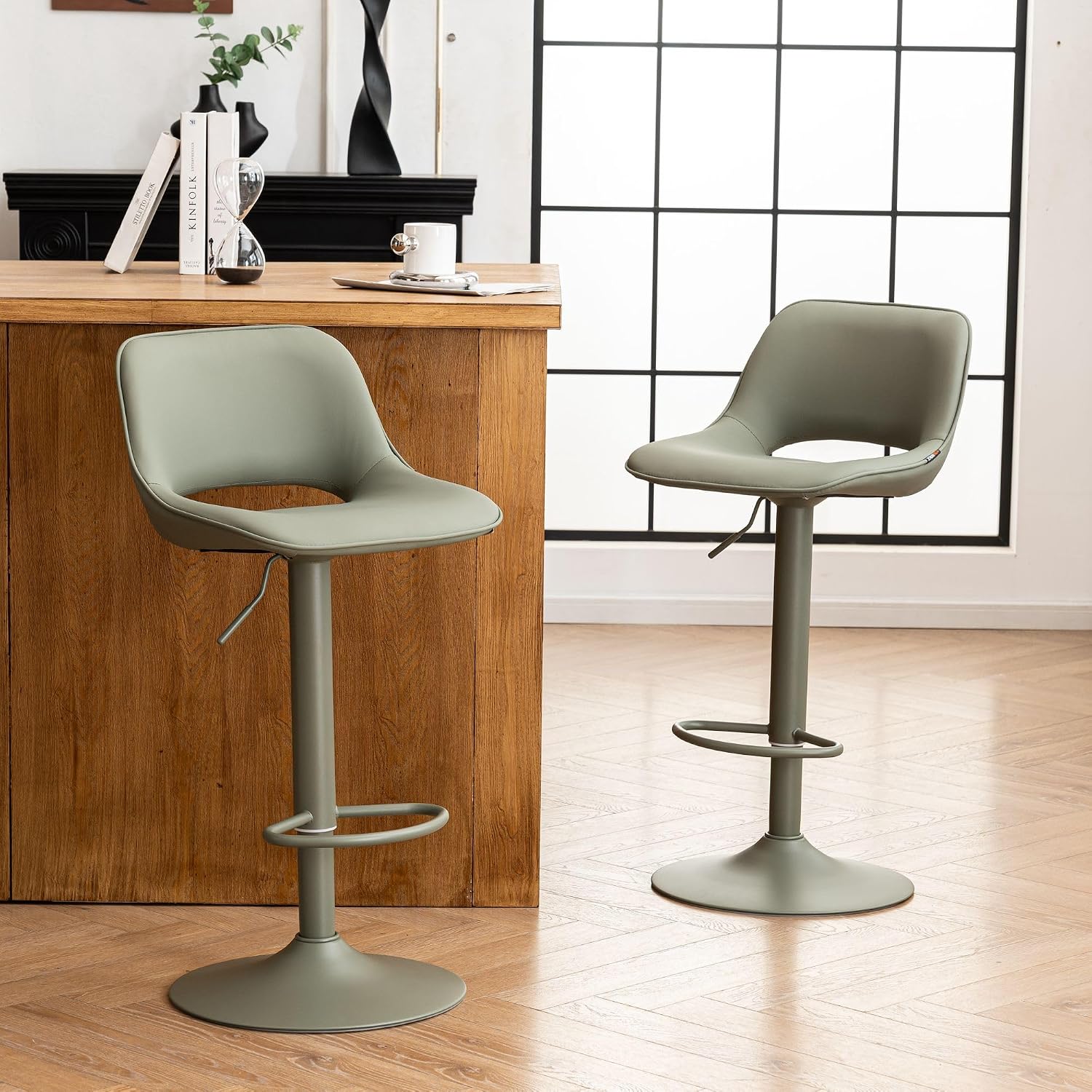 Bar Stools Set of 2 Modern Swivel Barstools, Compact Adjustable Counter Height Bar Stools, Faux Leather Upholstered Counter Stools with Hollow Back for Kitchen Island, Brown