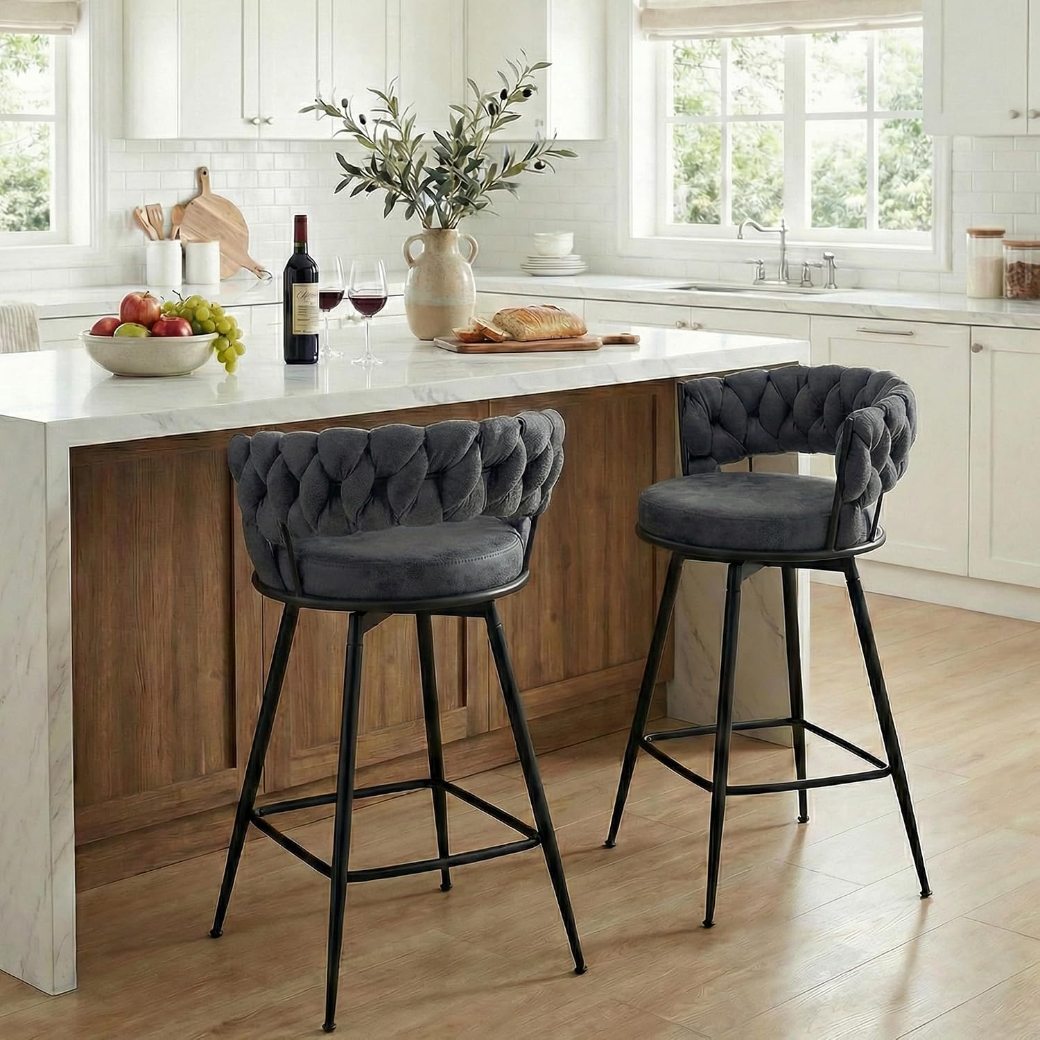 Bar Stools Set of 2 Upholstered Kitchen Counter Height Barstool Grey - Image 17
