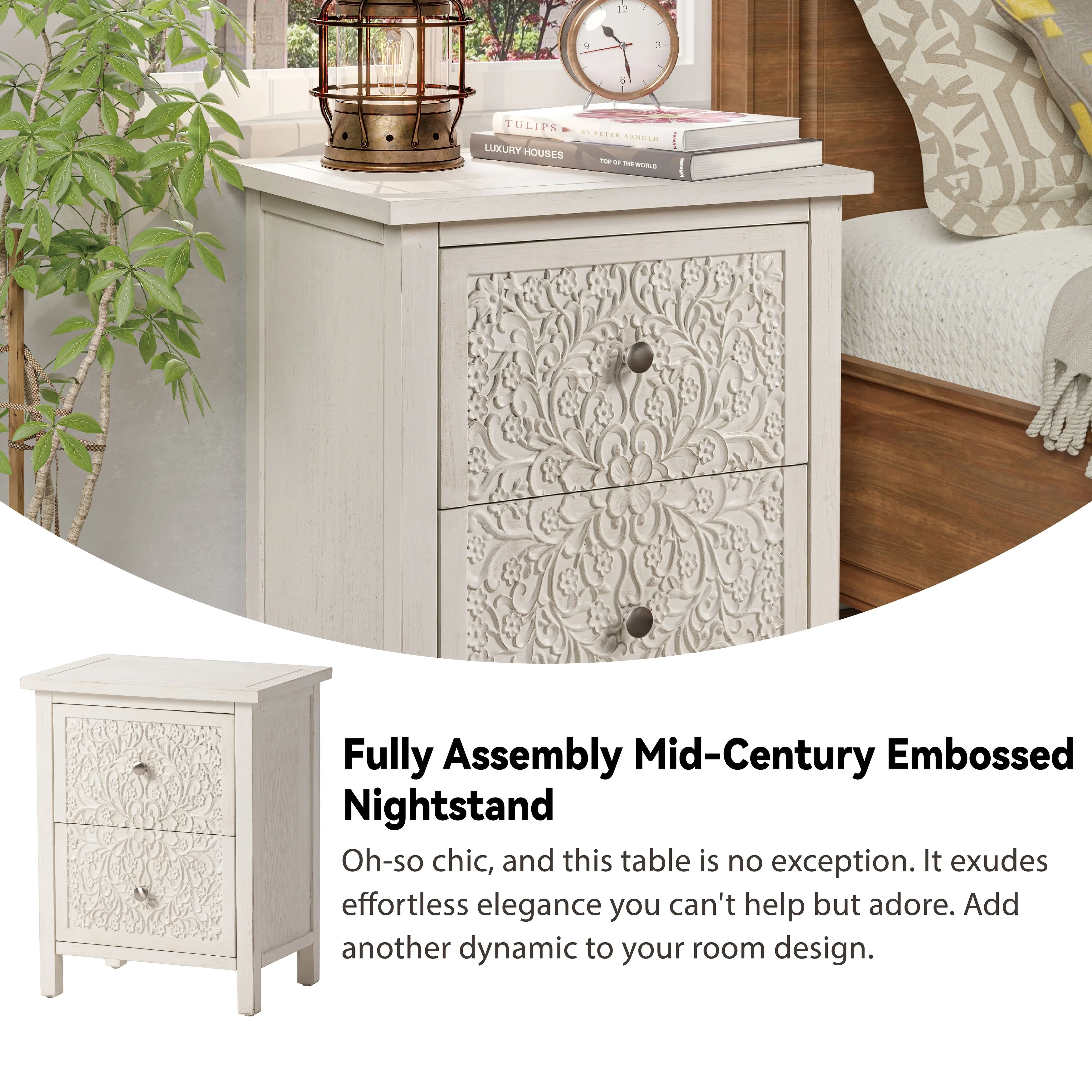 Farmhouse Fully Assembled Nightstand with 2 Drawers, Flower Motif End Table for Small Spaces - Image 9