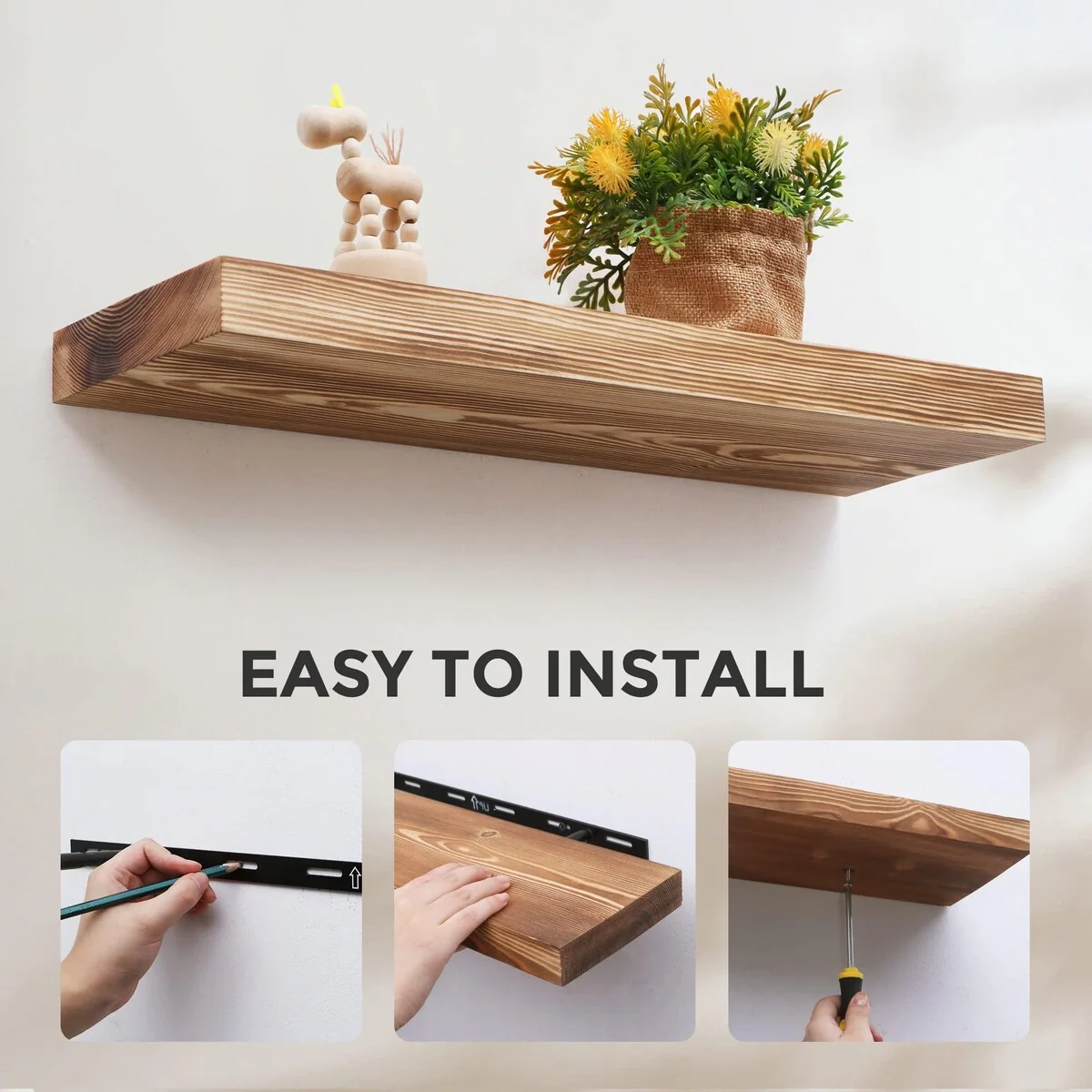 Set of 2 Handcrafted European Pine Floating Wall Shelves, Natural Rustic Wood - Image 21