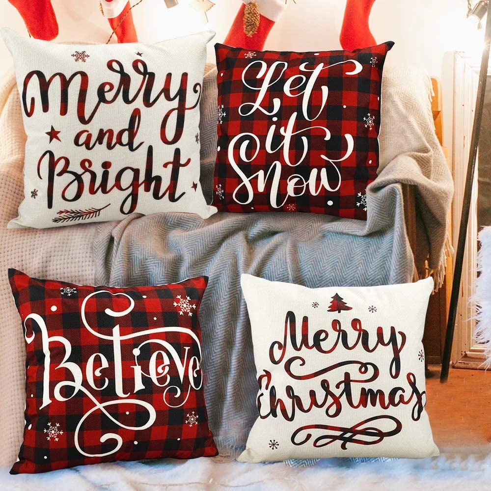 DecorX Christmas Pillow Covers 18x18 Set of 4 Farmhouse Black and Red Buffalo Check Plaid Throw Pillow Covers Outdoor Rustic Linen Pillow Case for Sofa Couch Christmas Decorations - Image 6