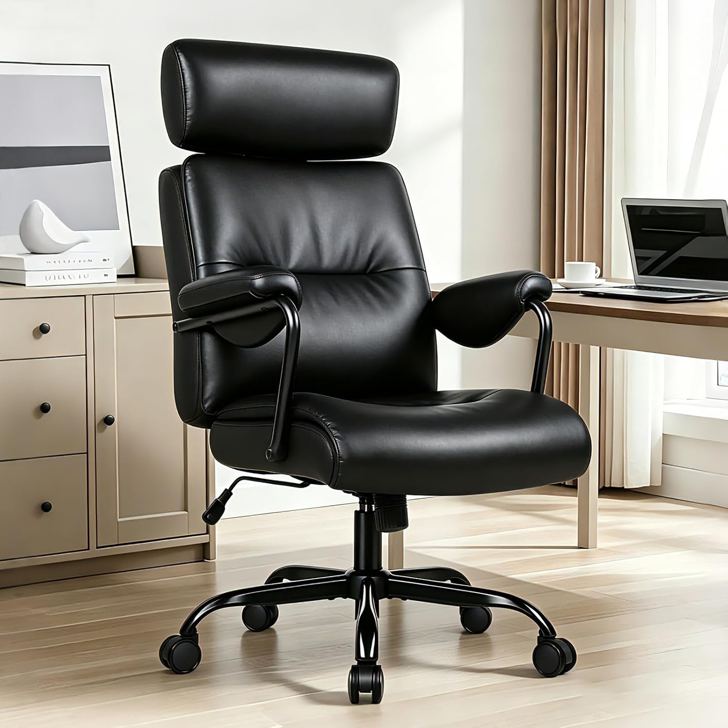 Executive Office Chair Ergonomic, Leather Desk Chair, Comfy High Back, Black - Image 4