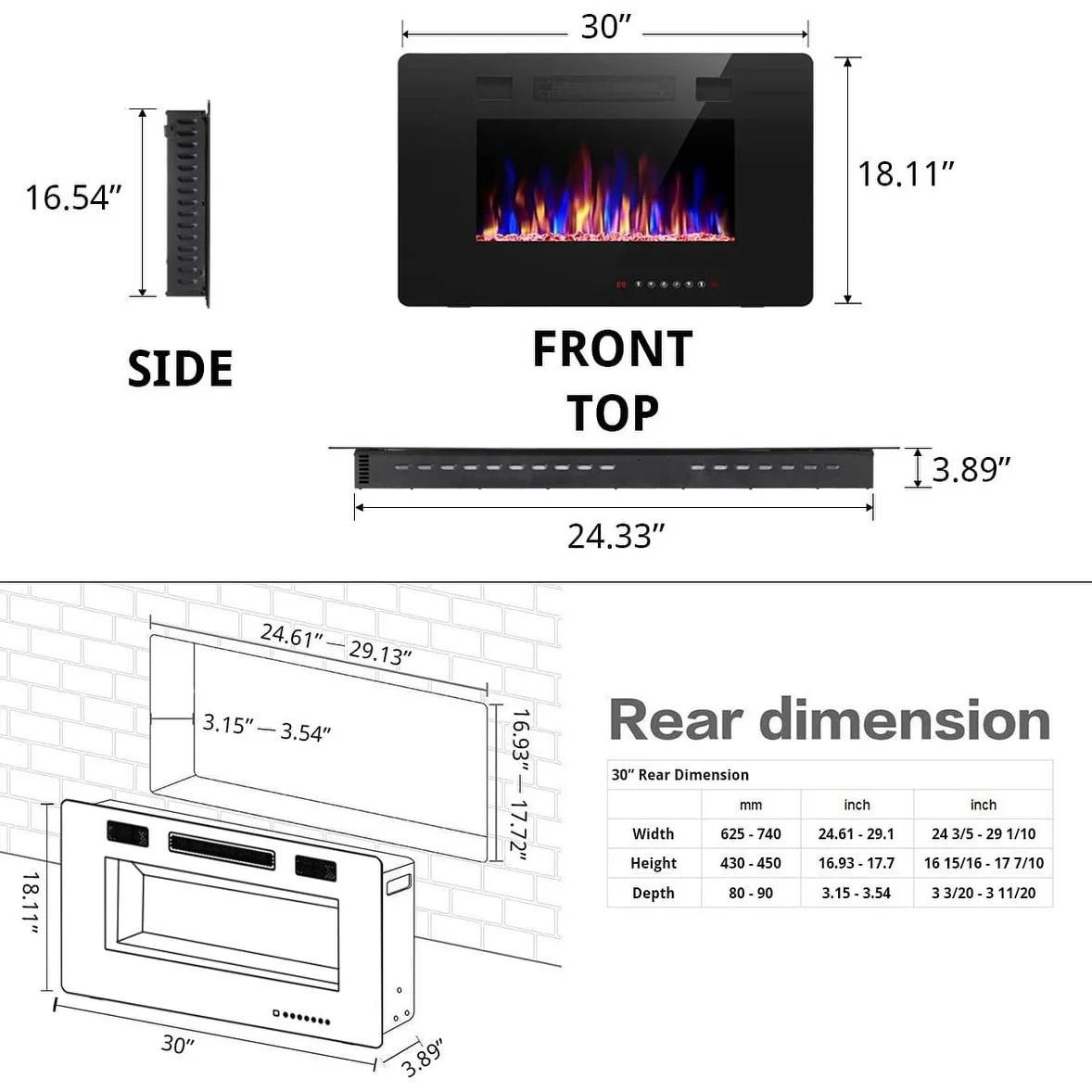 Recessed Electric Fireplace Heater, Wall Mounted 750-1500W Fireplace with Remote Control - Image 10