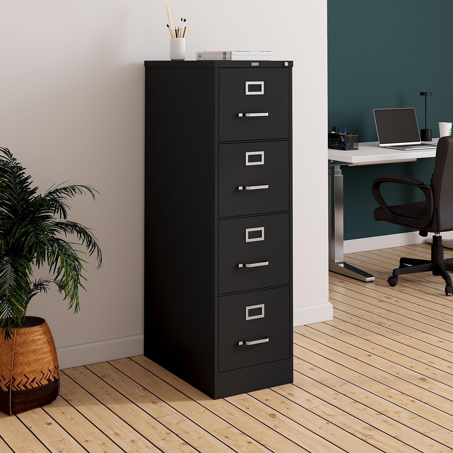 4-Drawer Lockable File Cabinet, Black - Image 8