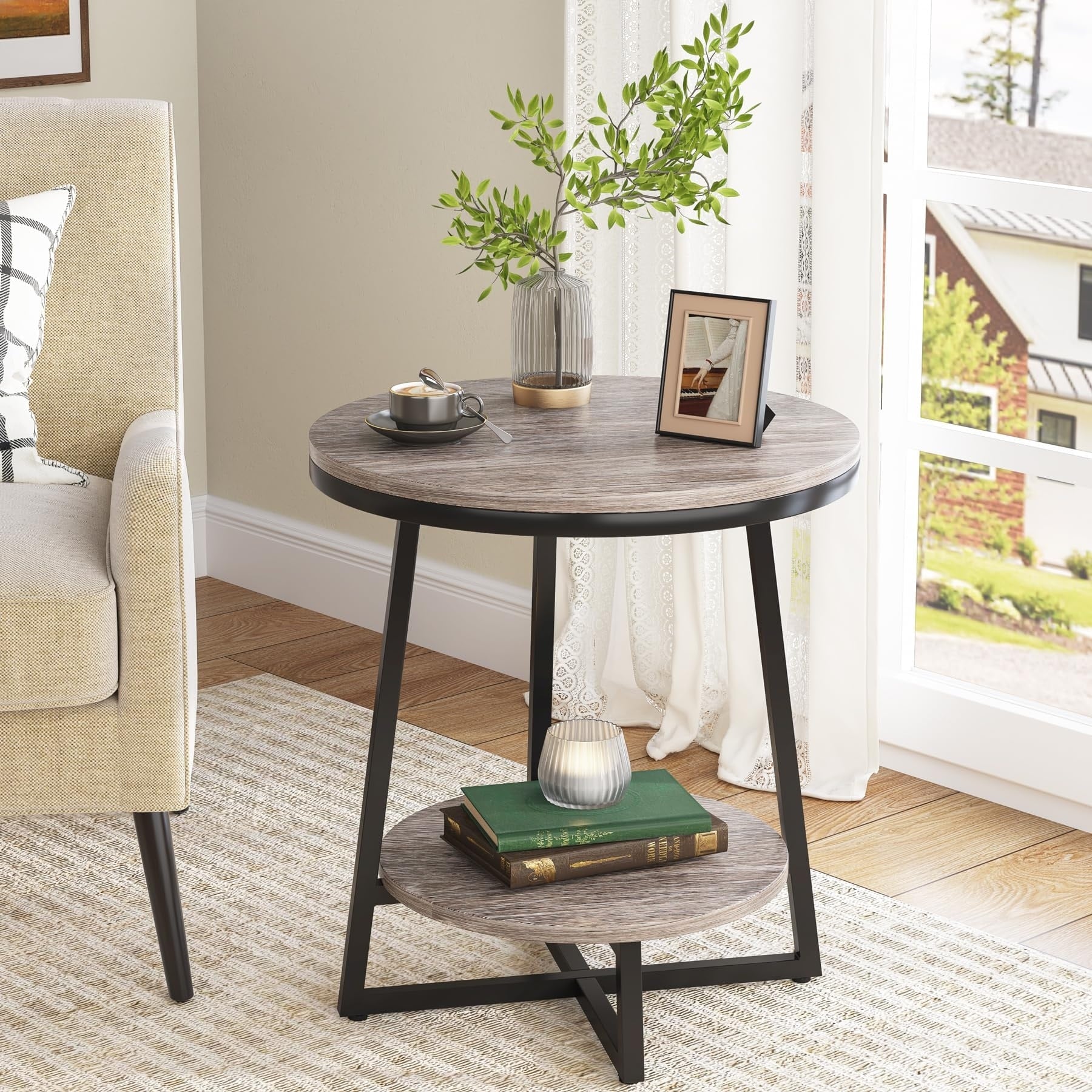 Industrial Round End Table, Small Side Table and Accent Coffee Table for Living Room and Bedroom - Image 4
