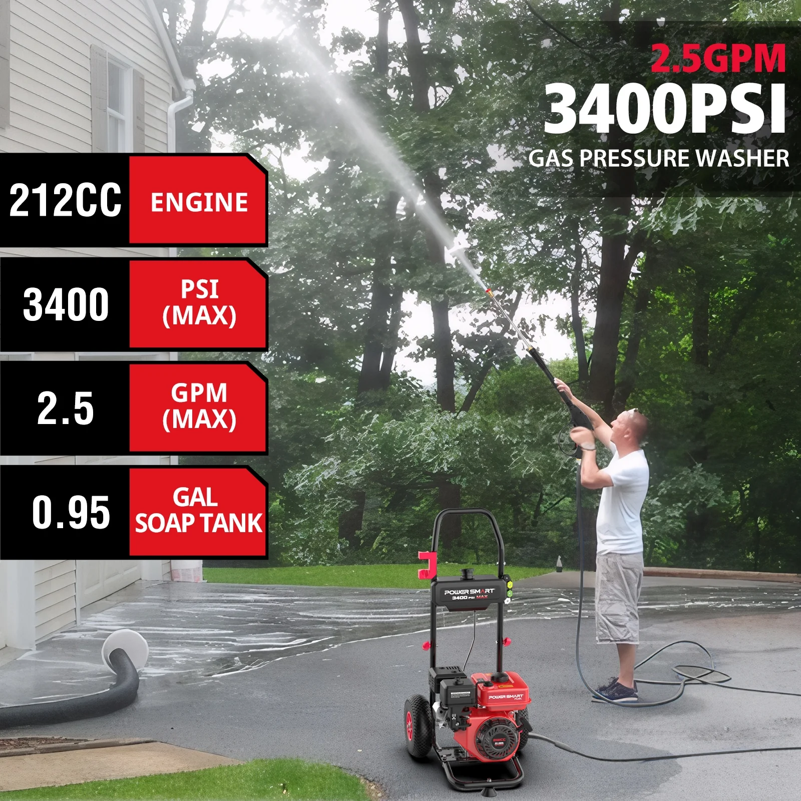 PowerSmart Gas Pressure Washer, 212cc, 3400PSI, 2.5GPM, 10-inch Wheel, for Cars/ Fences Cleaning - Image 6